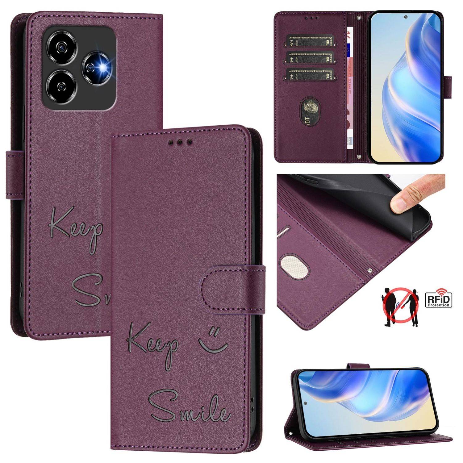 Für ZTE Blade V60 Vita / Axon 60 Lite Keep Smile Kunst Leder RFID Schutz Handyhülle Violett