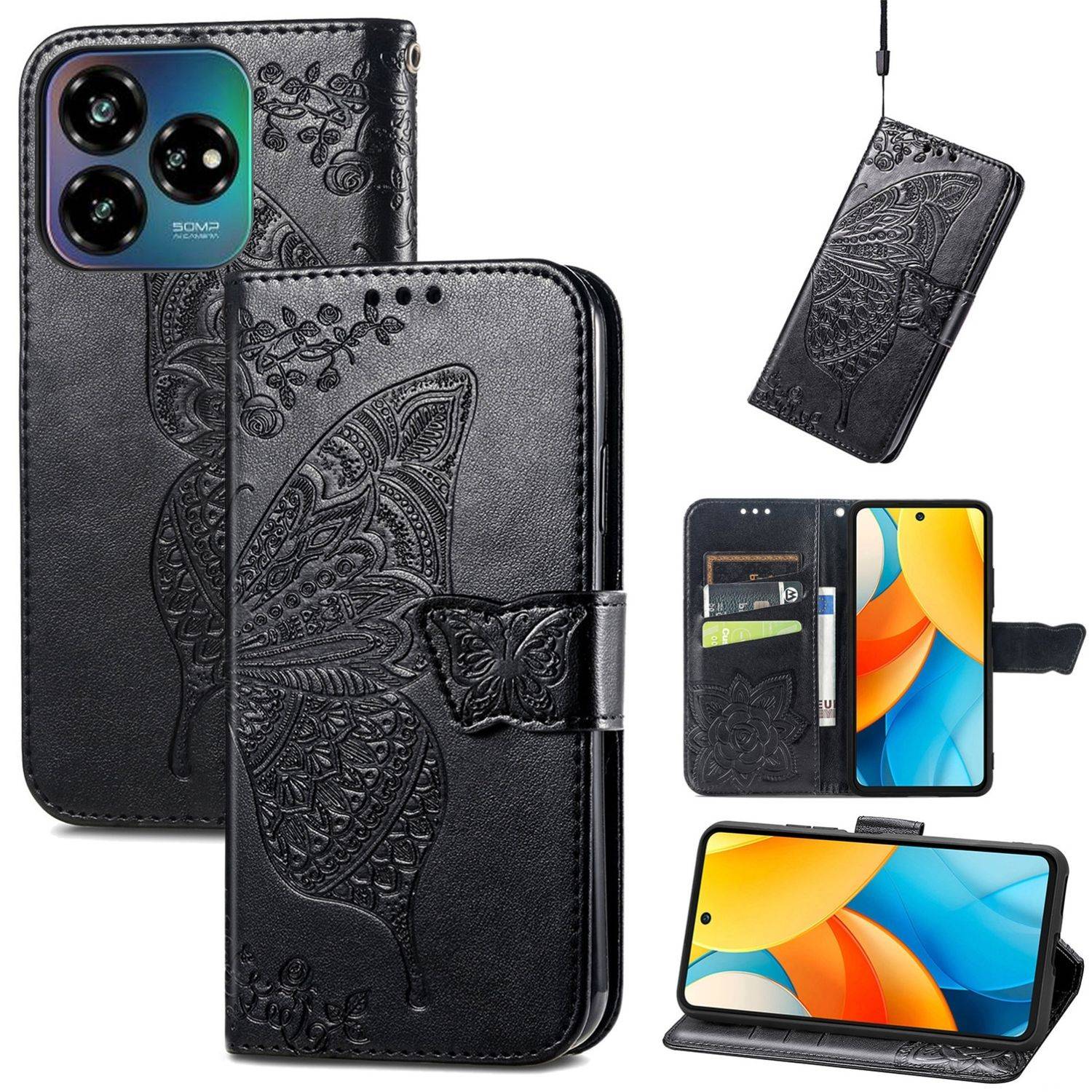 Für ZTE Blade V60 Vita / Axon 60 Lite Kunstleder Wallet Handy Tasche Schmetterling Design Hülle Etuis Schwarz