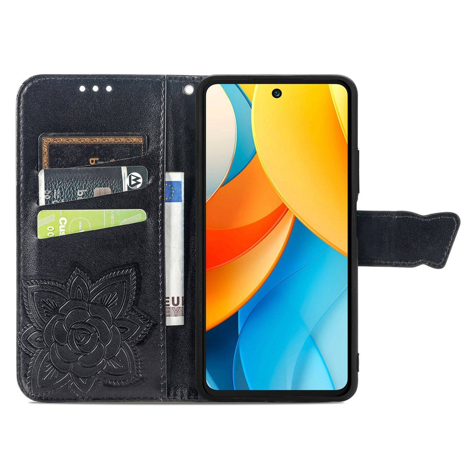 Für ZTE Blade V60 Vita / Axon 60 Lite Kunstleder Wallet Handy Tasche Schmetterling Design Hülle Etuis Schwarz