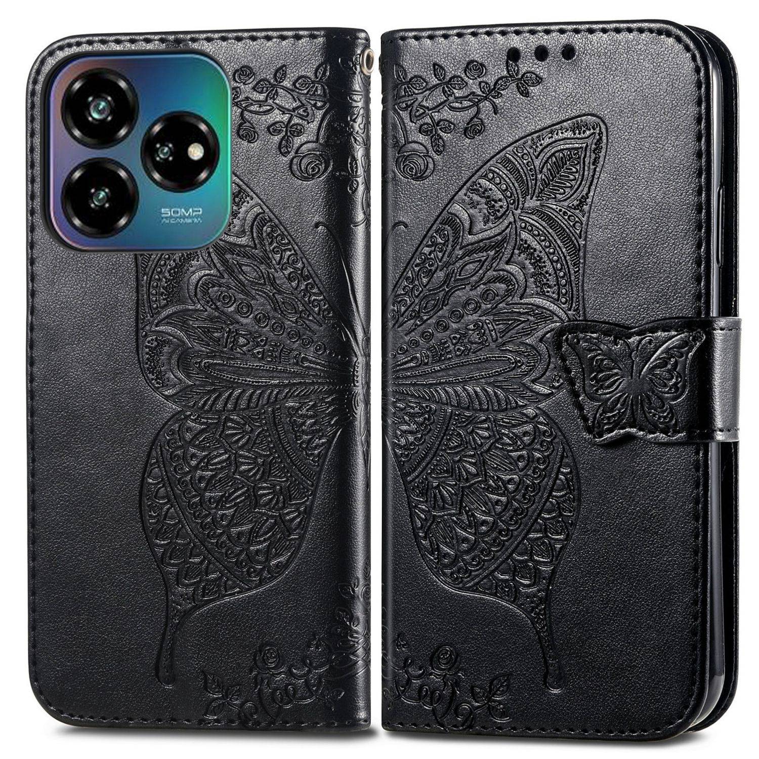 Für ZTE Blade V60 Vita / Axon 60 Lite Kunstleder Wallet Handy Tasche Schmetterling Design Hülle Etuis Schwarz