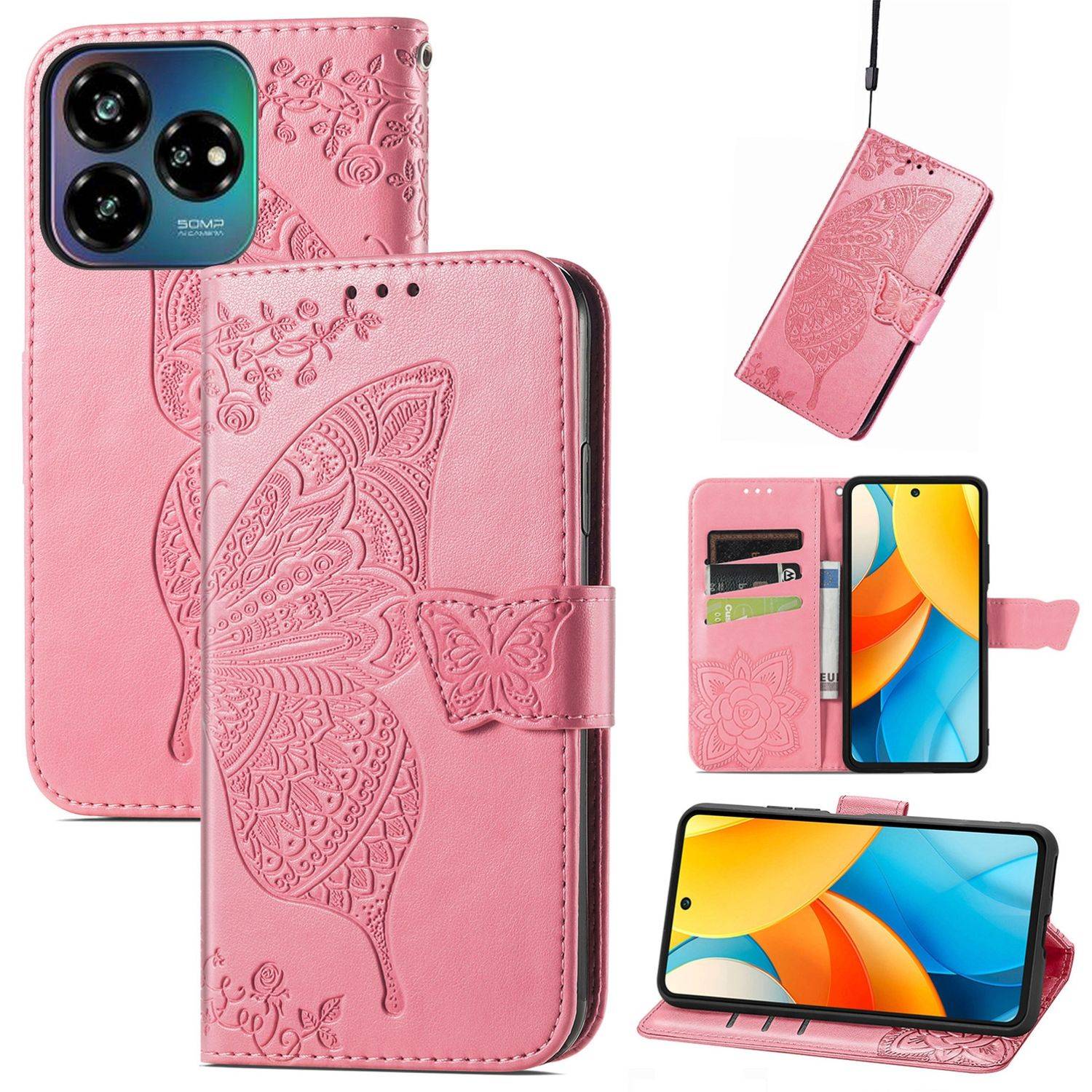 Für ZTE Blade V60 Vita / Axon 60 Lite Kunstleder Wallet Handy Tasche Schmetterling Design Hülle Etuis Pink