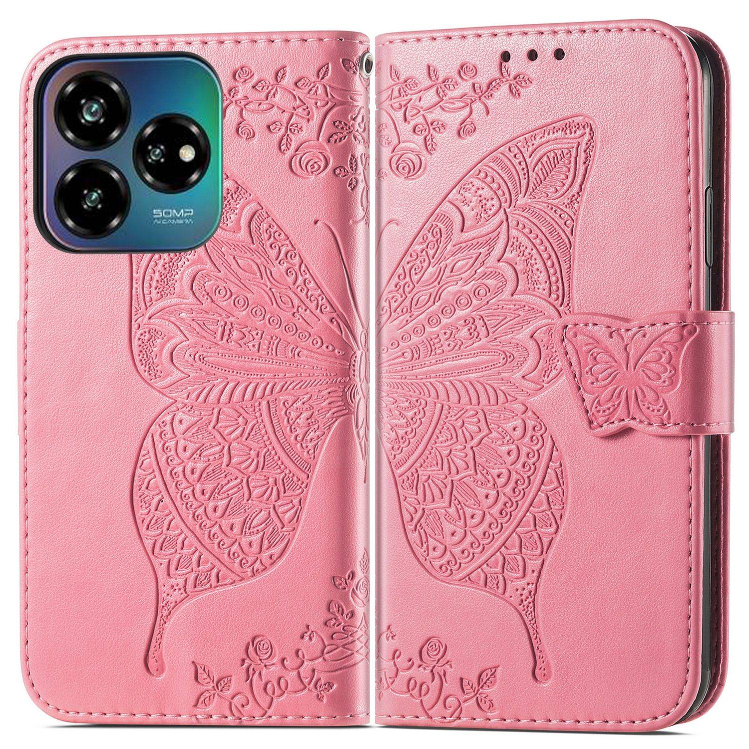 Für ZTE Blade V60 Vita / Axon 60 Lite Kunstleder Wallet Handy Tasche Schmetterling Design Hülle Etuis Pink