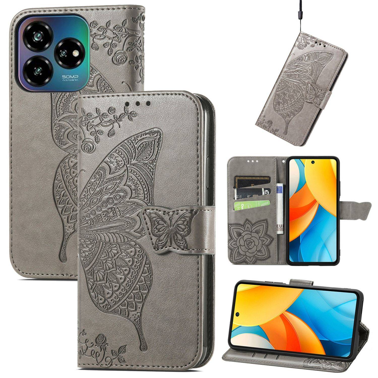 Für ZTE Blade V60 Vita / Axon 60 Lite Kunstleder Wallet Handy Tasche Schmetterling Design Hülle Etuis Grau