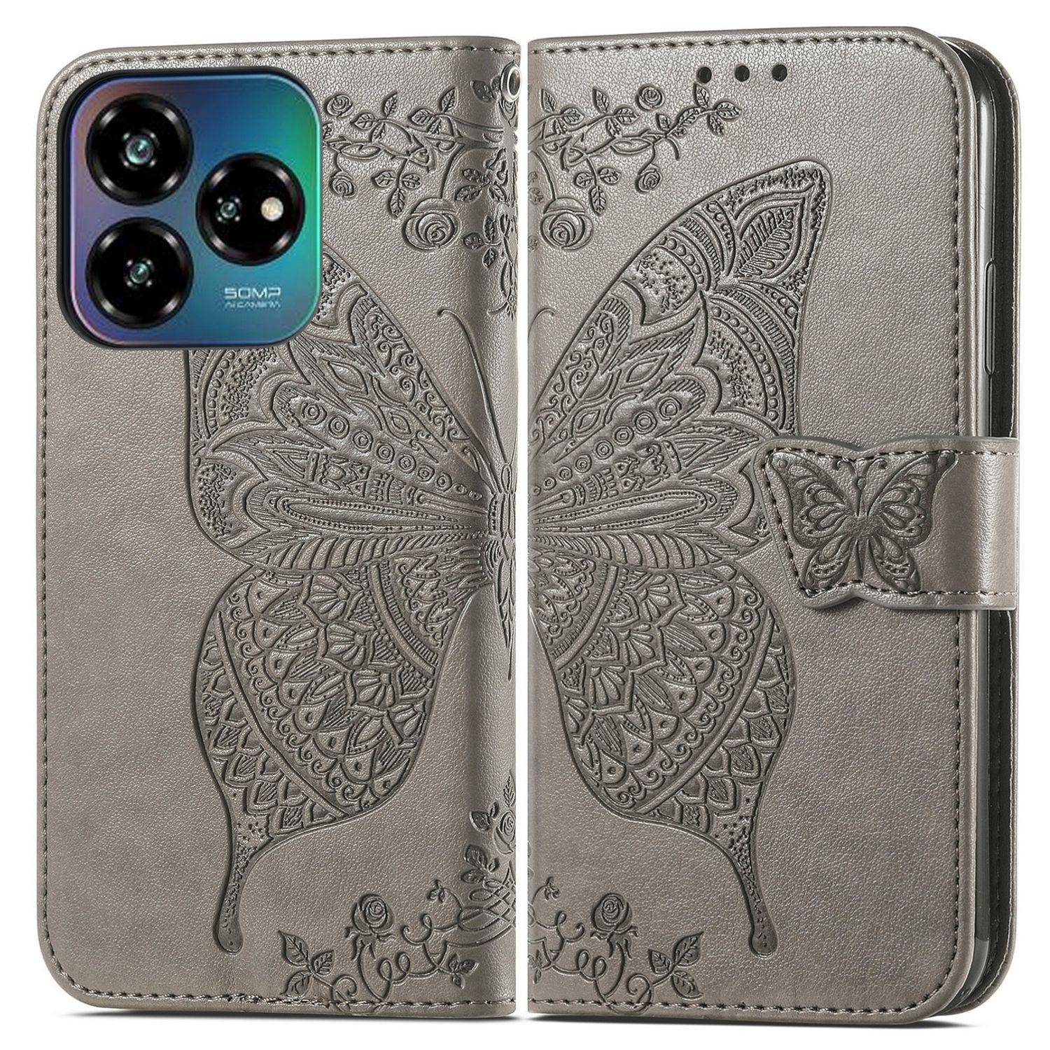 Für ZTE Blade V60 Vita / Axon 60 Lite Kunstleder Wallet Handy Tasche Schmetterling Design Hülle Etuis Grau