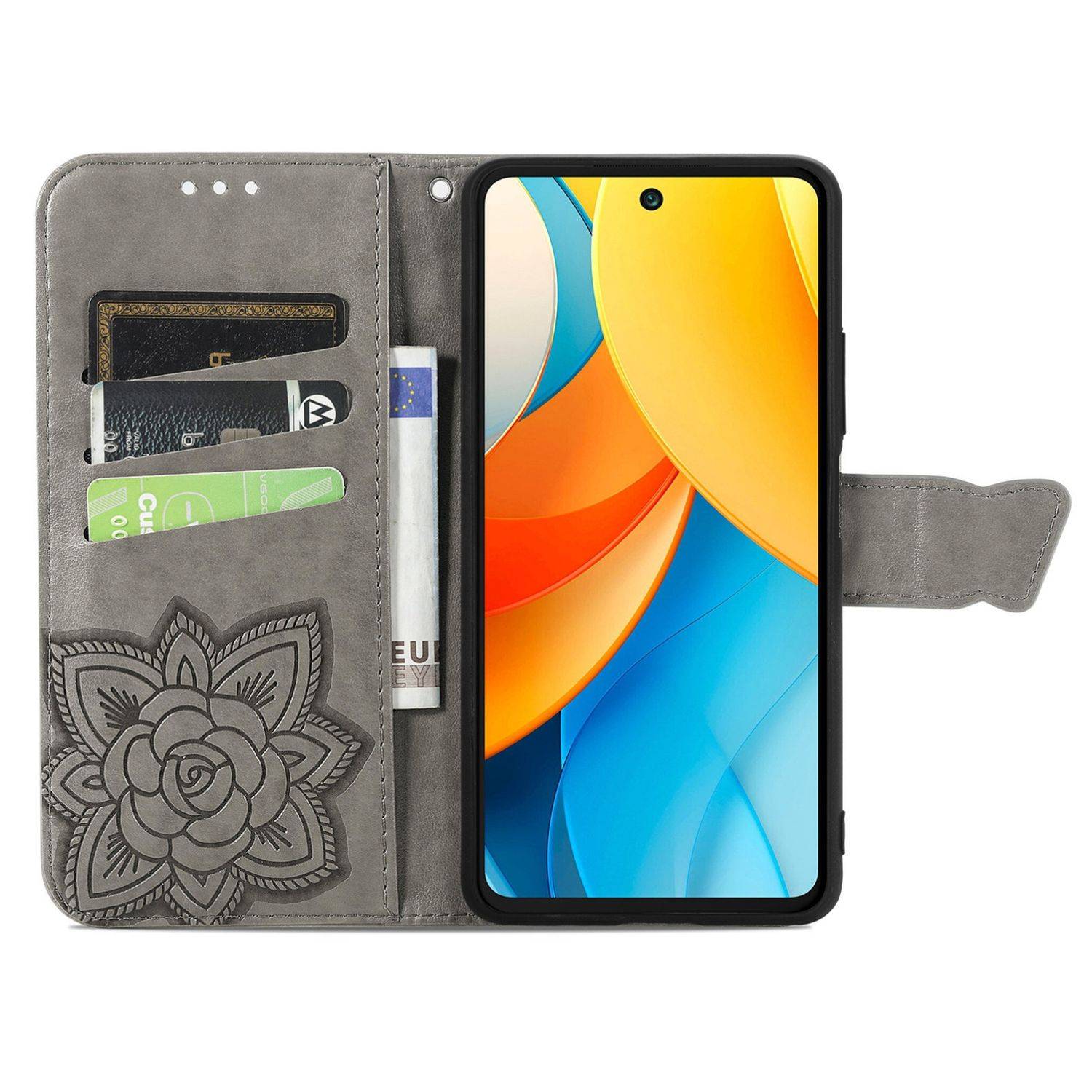 Für ZTE Blade V60 Vita / Axon 60 Lite Kunstleder Wallet Handy Tasche Schmetterling Design Hülle Etuis Grau