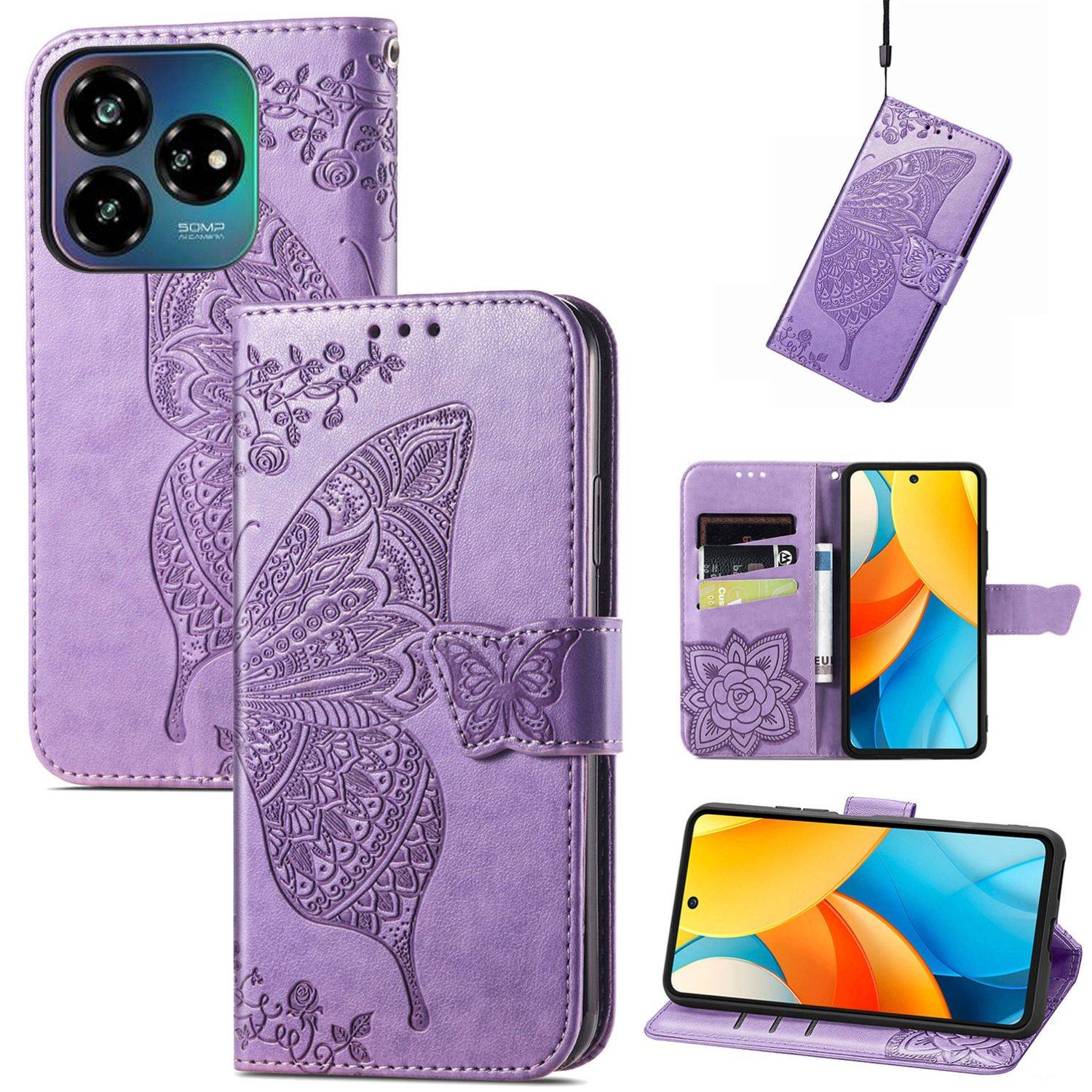 Für ZTE Blade V60 Vita / Axon 60 Lite Kunstleder Wallet Handy Tasche Schmetterling Design Hülle Etuis Hell-Lila