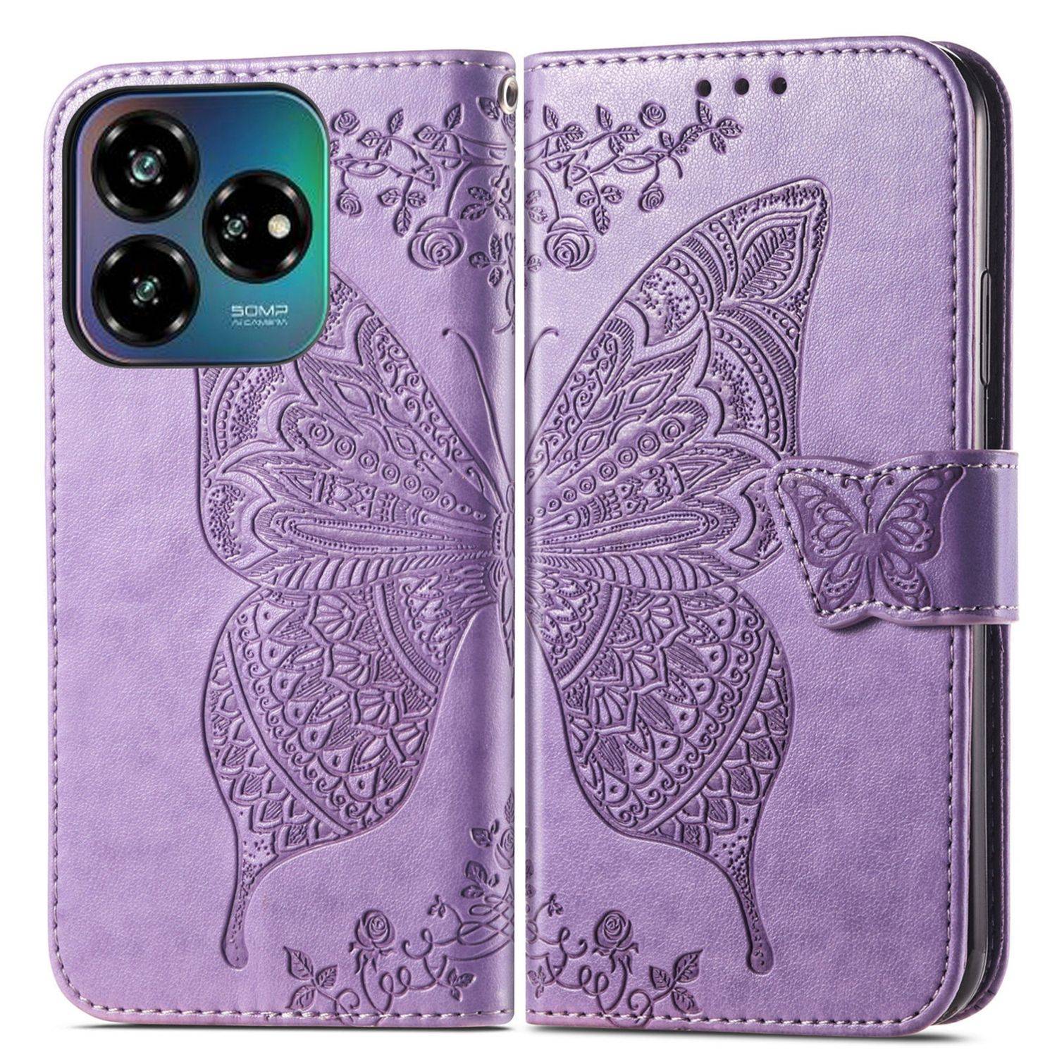 Für ZTE Blade V60 Vita / Axon 60 Lite Kunstleder Wallet Handy Tasche Schmetterling Design Hülle Etuis Hell-Lila