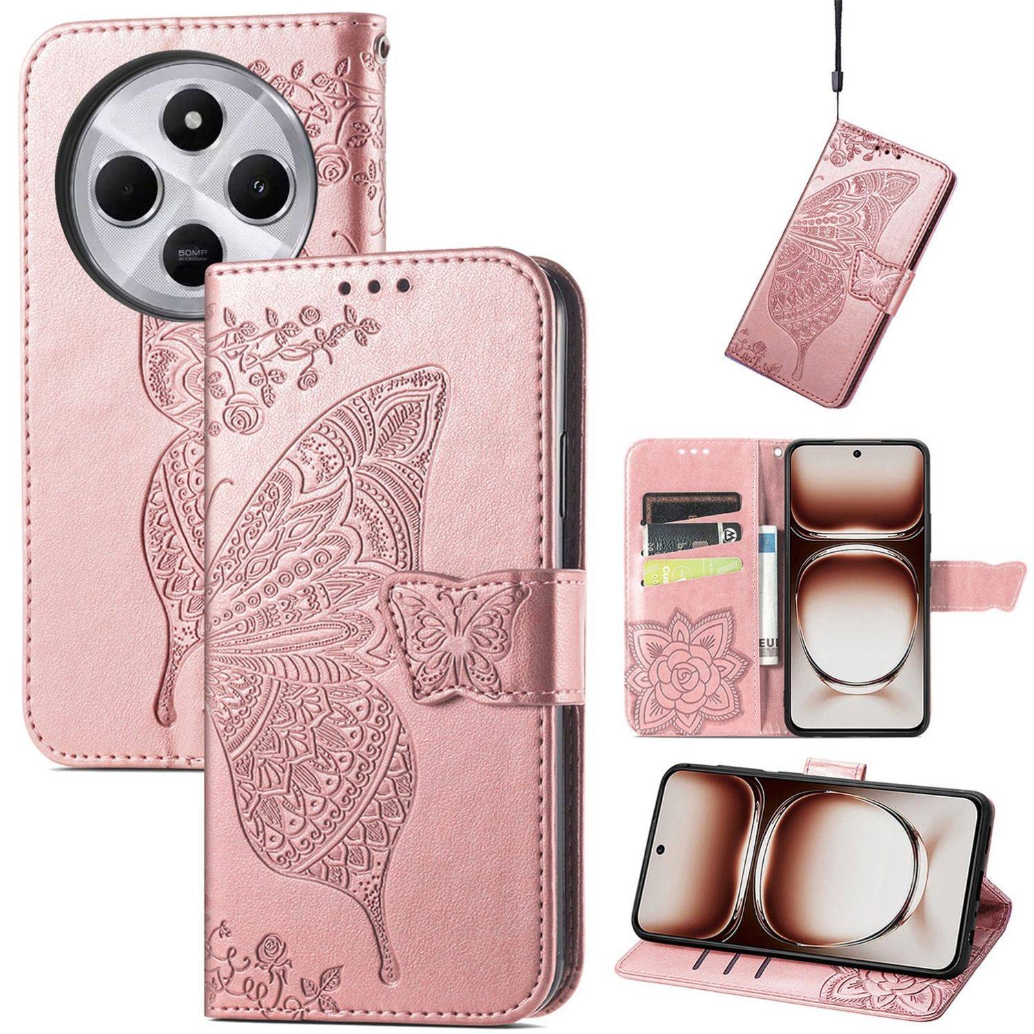 Für Xiaomi Redmi 14C Kunstleder Wallet Handy Tasche Schmetterling Design Hülle Etuis Rosa
