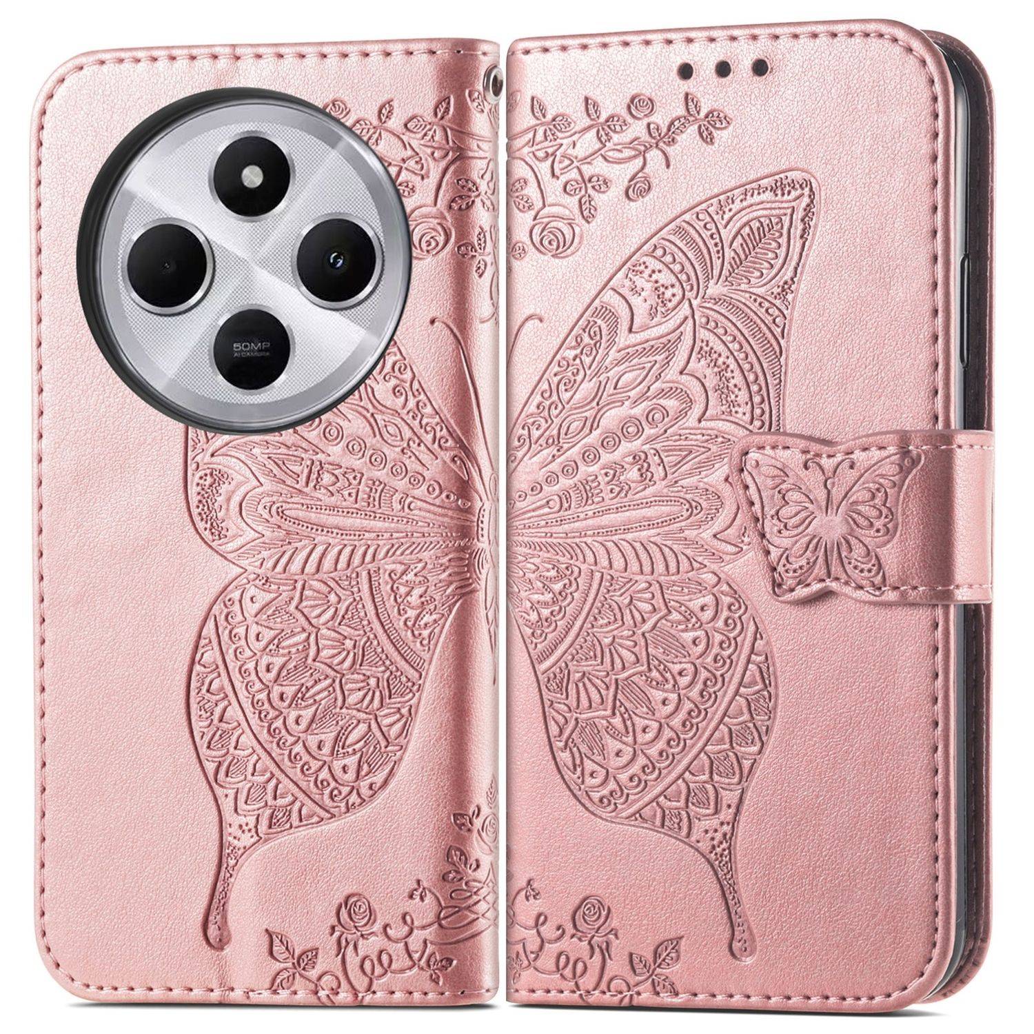 Für Xiaomi Redmi 14C Kunstleder Wallet Handy Tasche Schmetterling Design Hülle Etuis Rosa