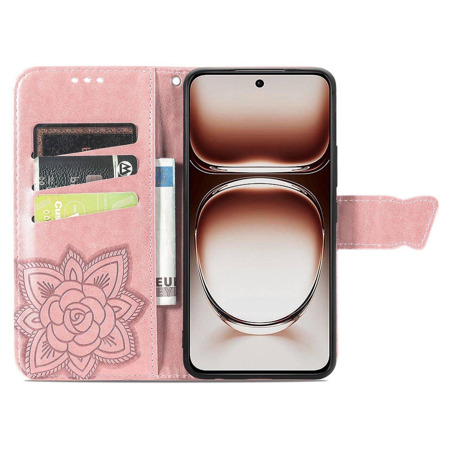 Für Xiaomi Redmi 14C Kunstleder Wallet Handy Tasche Schmetterling Design Hülle Etuis Rosa