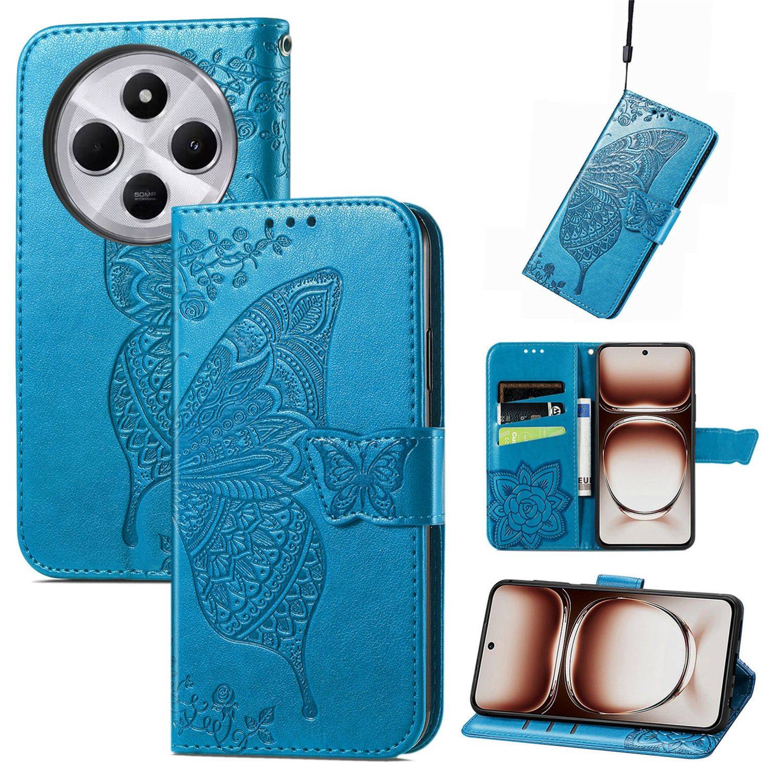 Für Xiaomi Redmi 14C Kunstleder Wallet Handy Tasche Schmetterling Design Hülle Etuis Blau