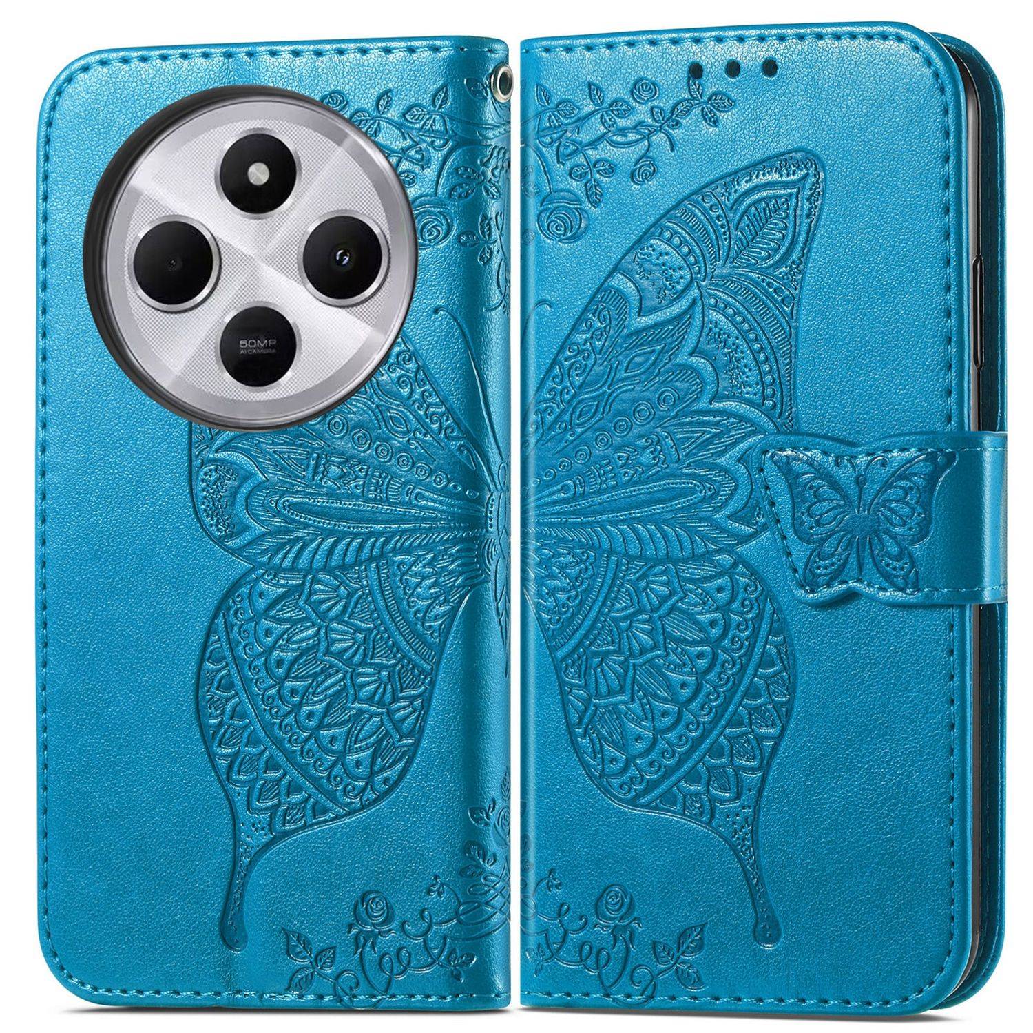 Für Xiaomi Redmi 14C Kunstleder Wallet Handy Tasche Schmetterling Design Hülle Etuis Blau
