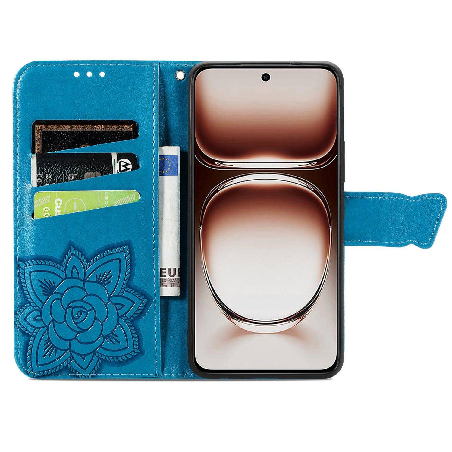 Für Xiaomi Redmi 14C Kunstleder Wallet Handy Tasche Schmetterling Design Hülle Etuis Blau