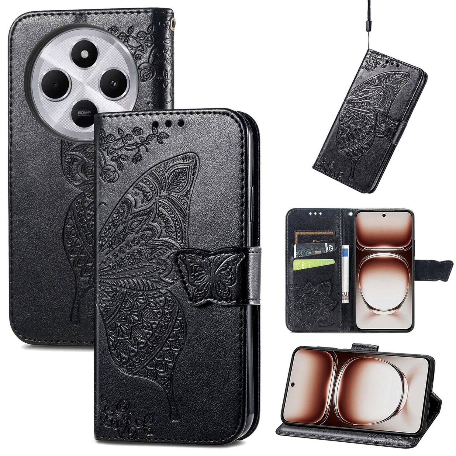 Für Xiaomi Redmi 14C Kunstleder Wallet Handy Tasche Schmetterling Design Hülle Etuis Schwarz