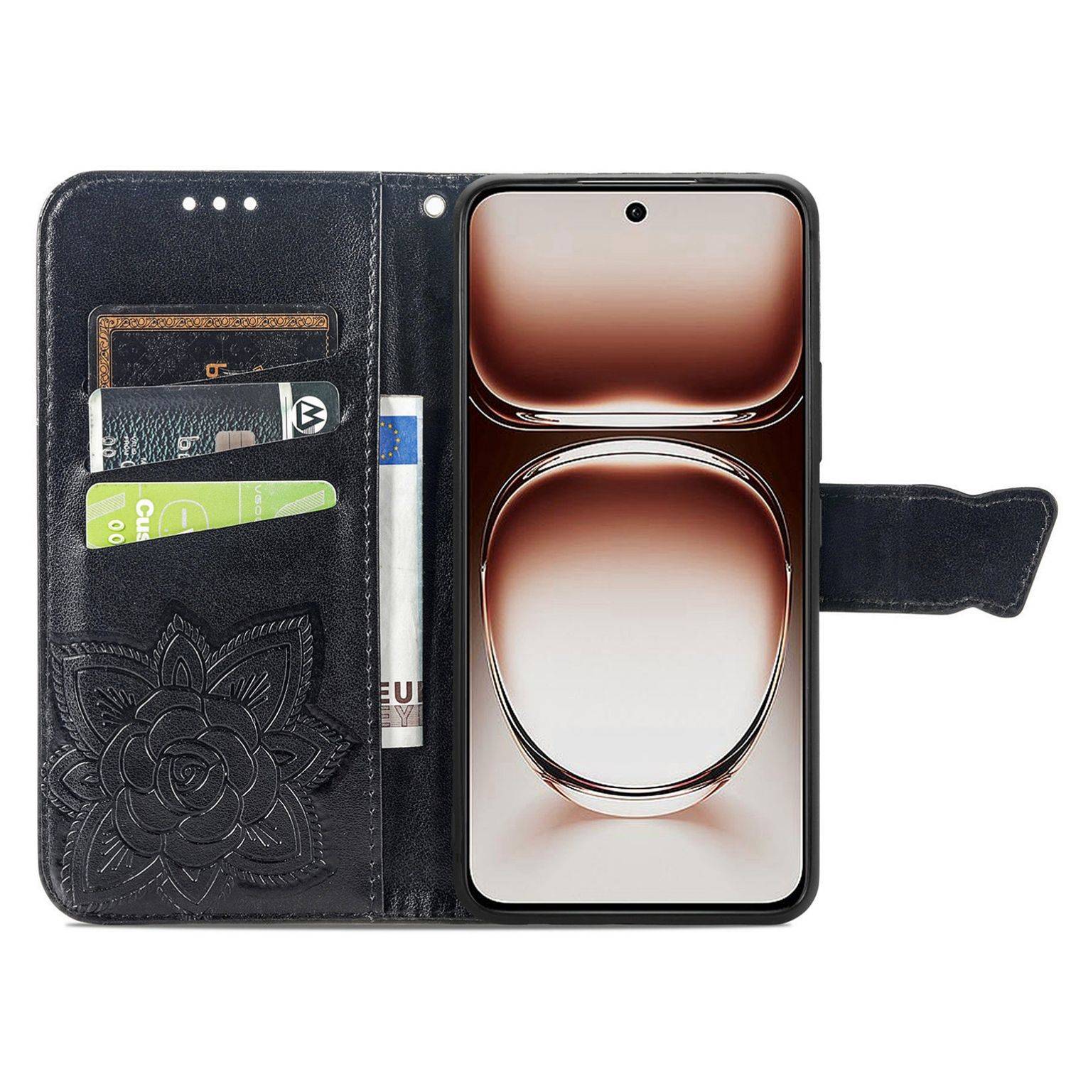 Für Xiaomi Redmi 14C Kunstleder Wallet Handy Tasche Schmetterling Design Hülle Etuis Schwarz