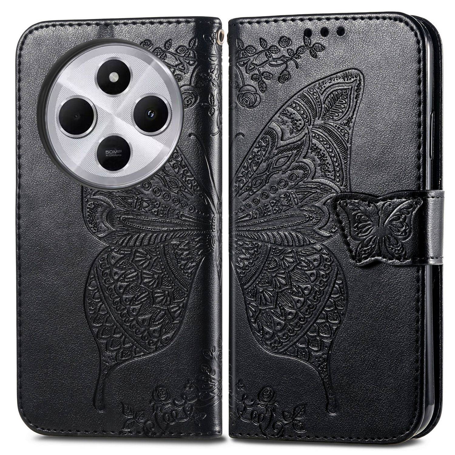 Für Xiaomi Redmi 14C Kunstleder Wallet Handy Tasche Schmetterling Design Hülle Etuis Schwarz
