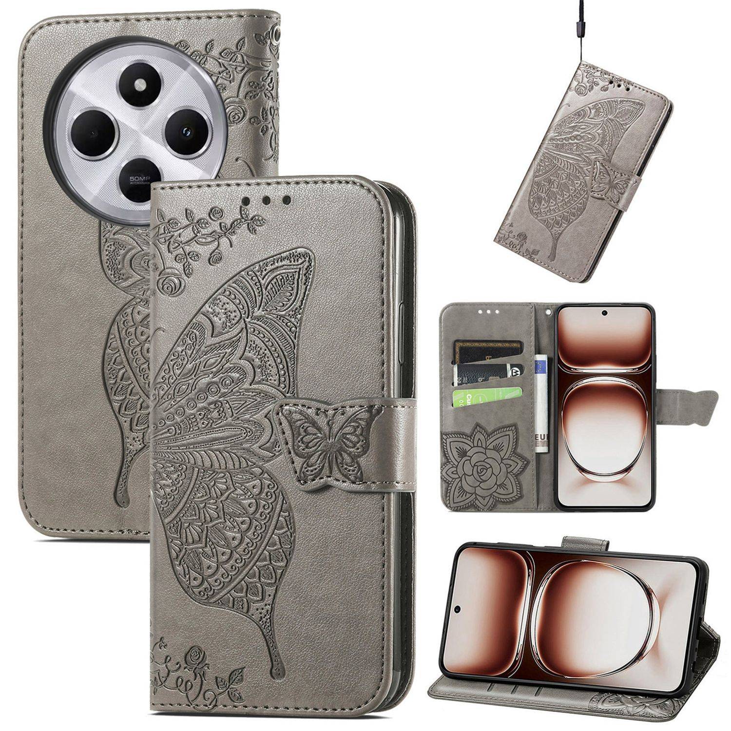 Für Xiaomi Redmi 14C Kunstleder Wallet Handy Tasche Schmetterling Design Hülle Etuis Grau