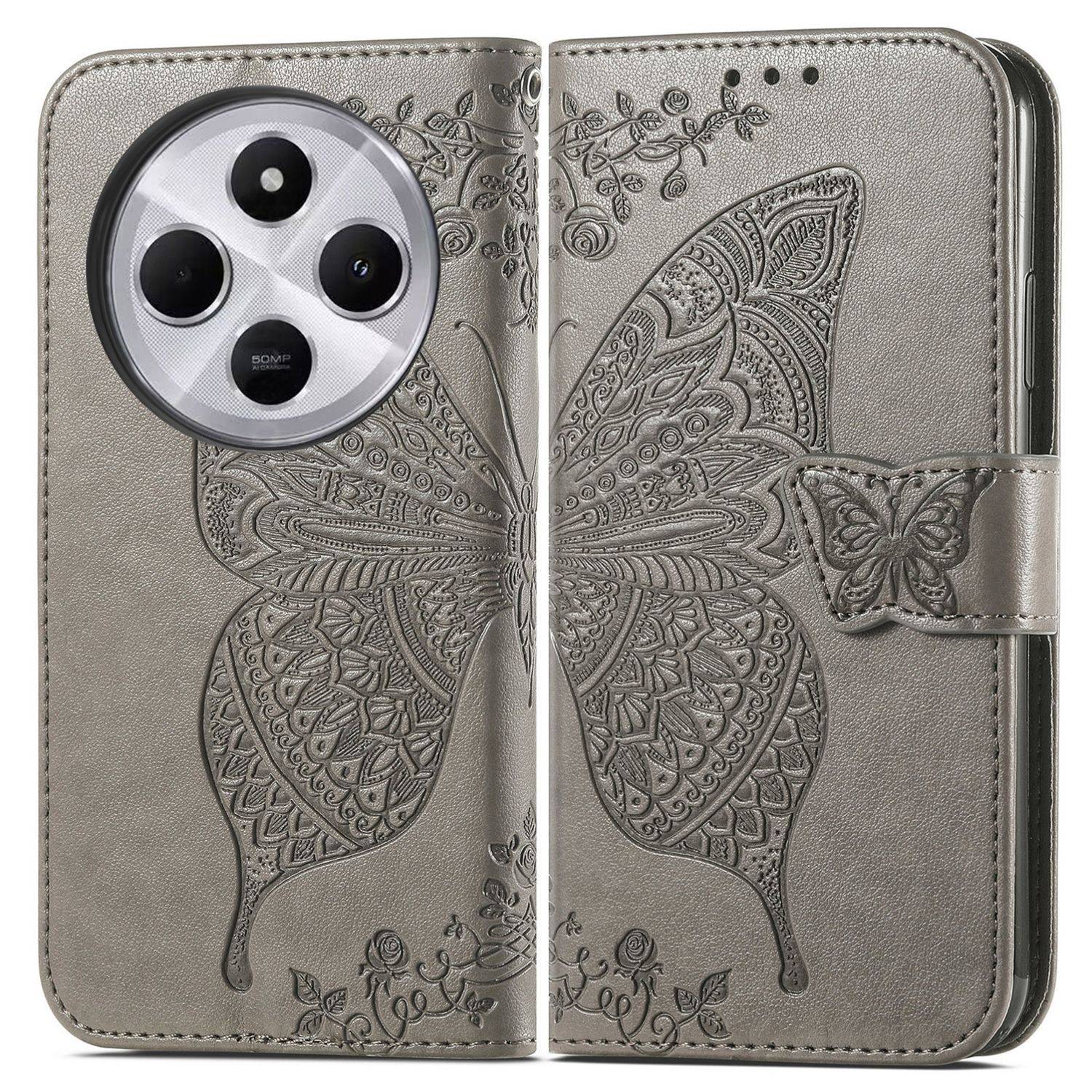 Für Xiaomi Redmi 14C Kunstleder Wallet Handy Tasche Schmetterling Design Hülle Etuis Grau