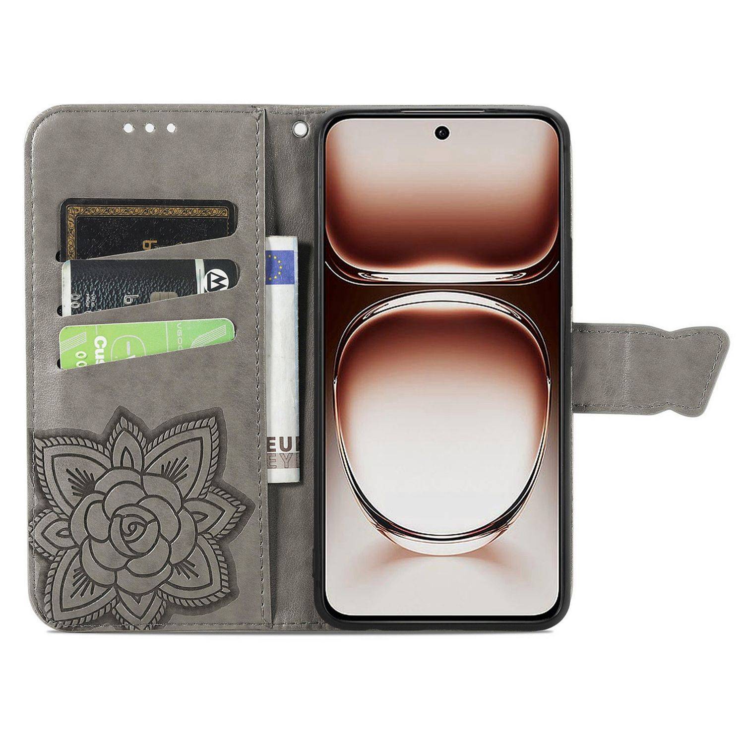Für Xiaomi Redmi 14C Kunstleder Wallet Handy Tasche Schmetterling Design Hülle Etuis Grau