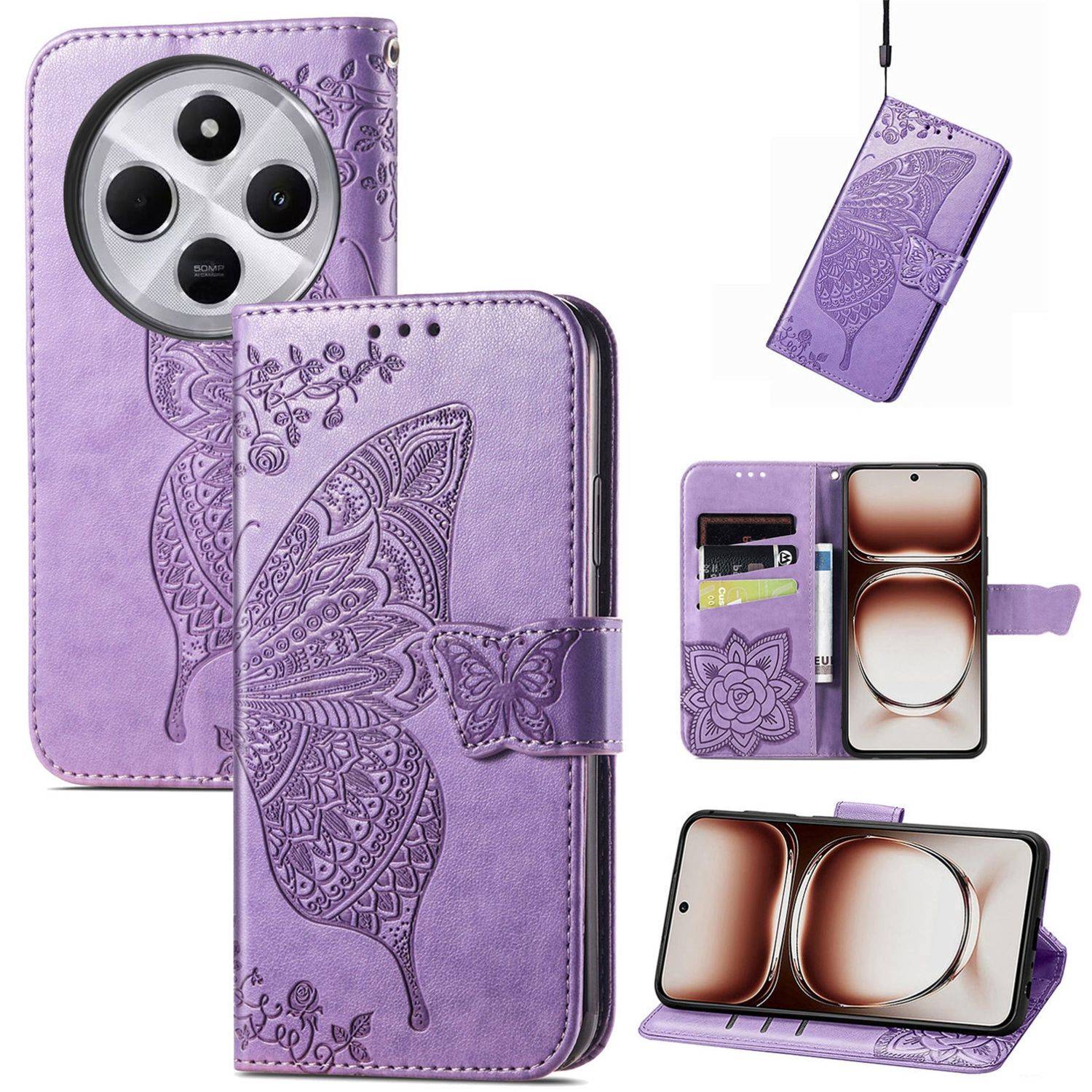 Für Xiaomi Redmi 14C Kunstleder Wallet Handy Tasche Schmetterling Design Hülle Etuis Hell-Lila