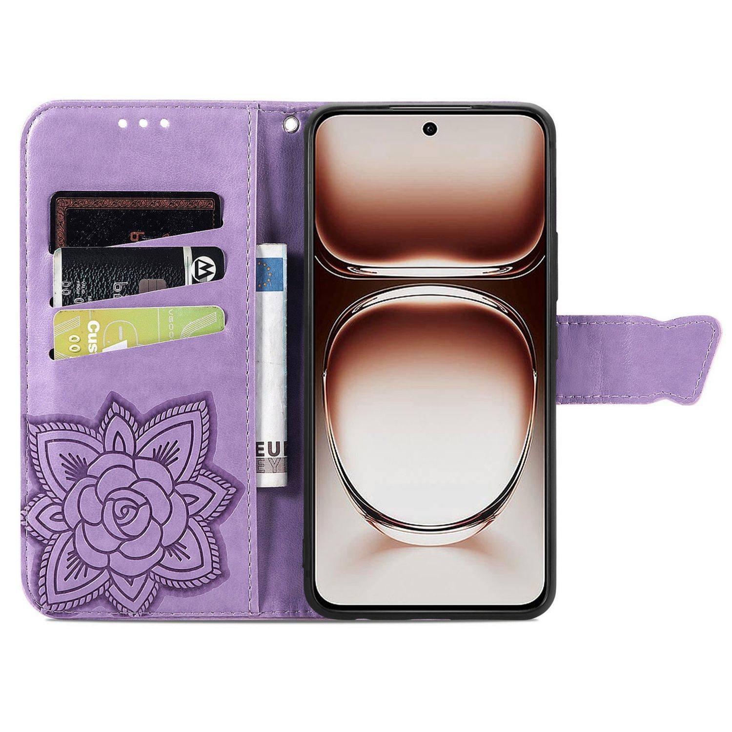 Für Xiaomi Redmi 14C Kunstleder Wallet Handy Tasche Schmetterling Design Hülle Etuis Hell-Lila