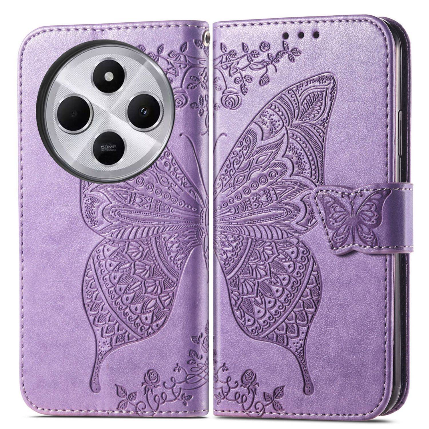 Für Xiaomi Redmi 14C Kunstleder Wallet Handy Tasche Schmetterling Design Hülle Etuis Hell-Lila