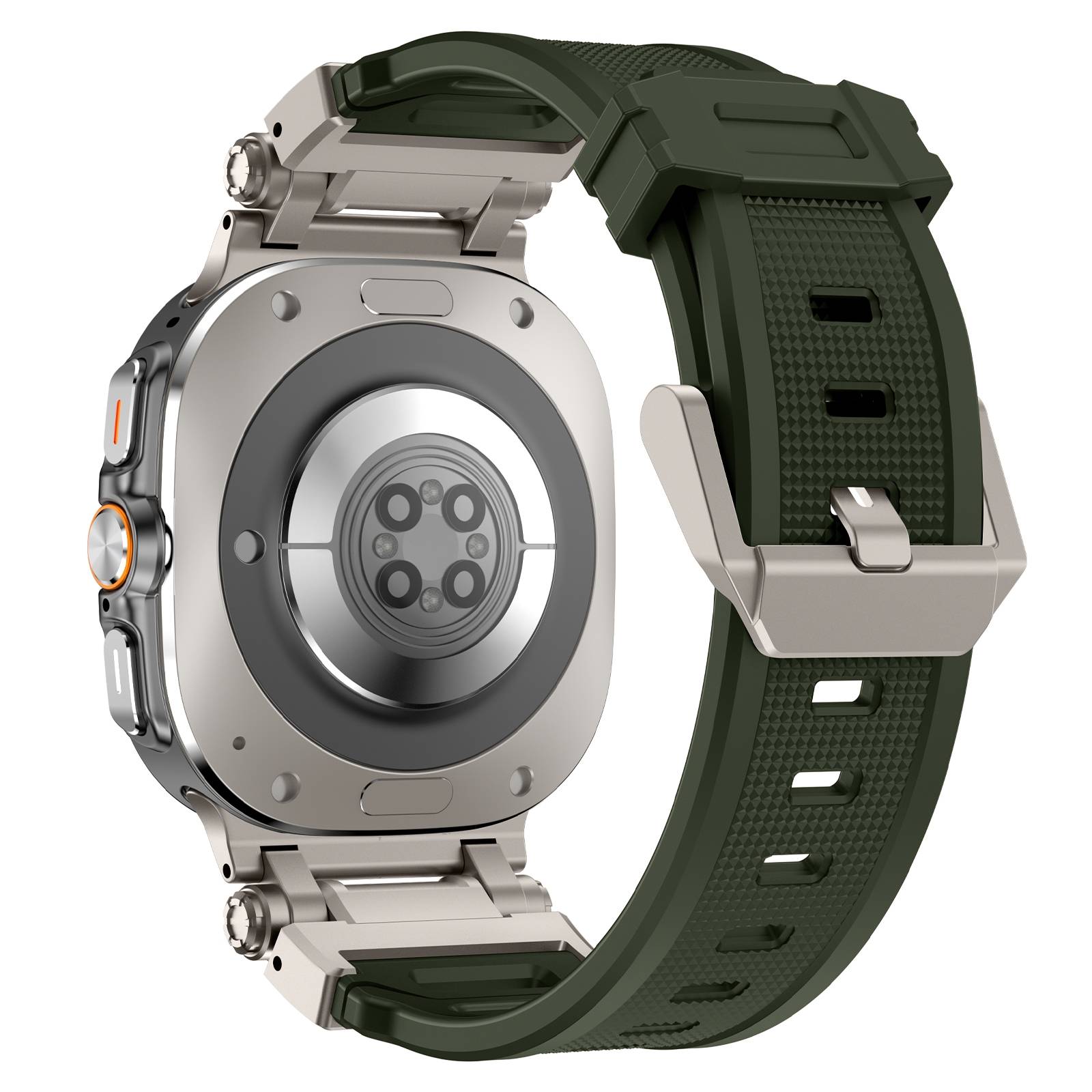 Rückansicht einer robusten Smartwatch mit silbernem Metallgehäuse und dunkelgrünem Armband, das das kreisförmige Sensormodul und die Schnallenschließe zeigt.