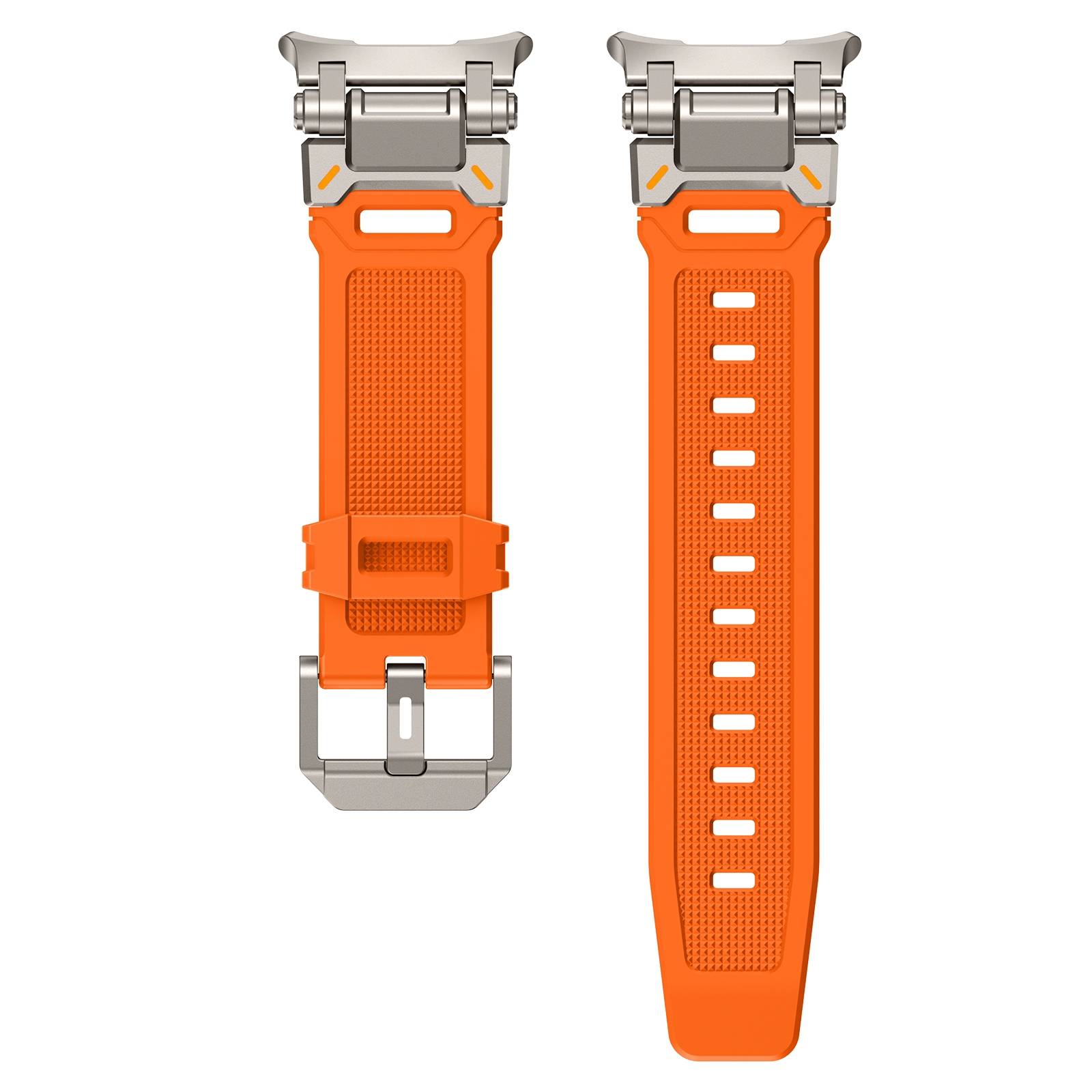 Orangefarbenes Uhrenarmband, von vorne und hinten gezeigt, mit silbernen Metallschnallen und verstellbaren Lochungen.