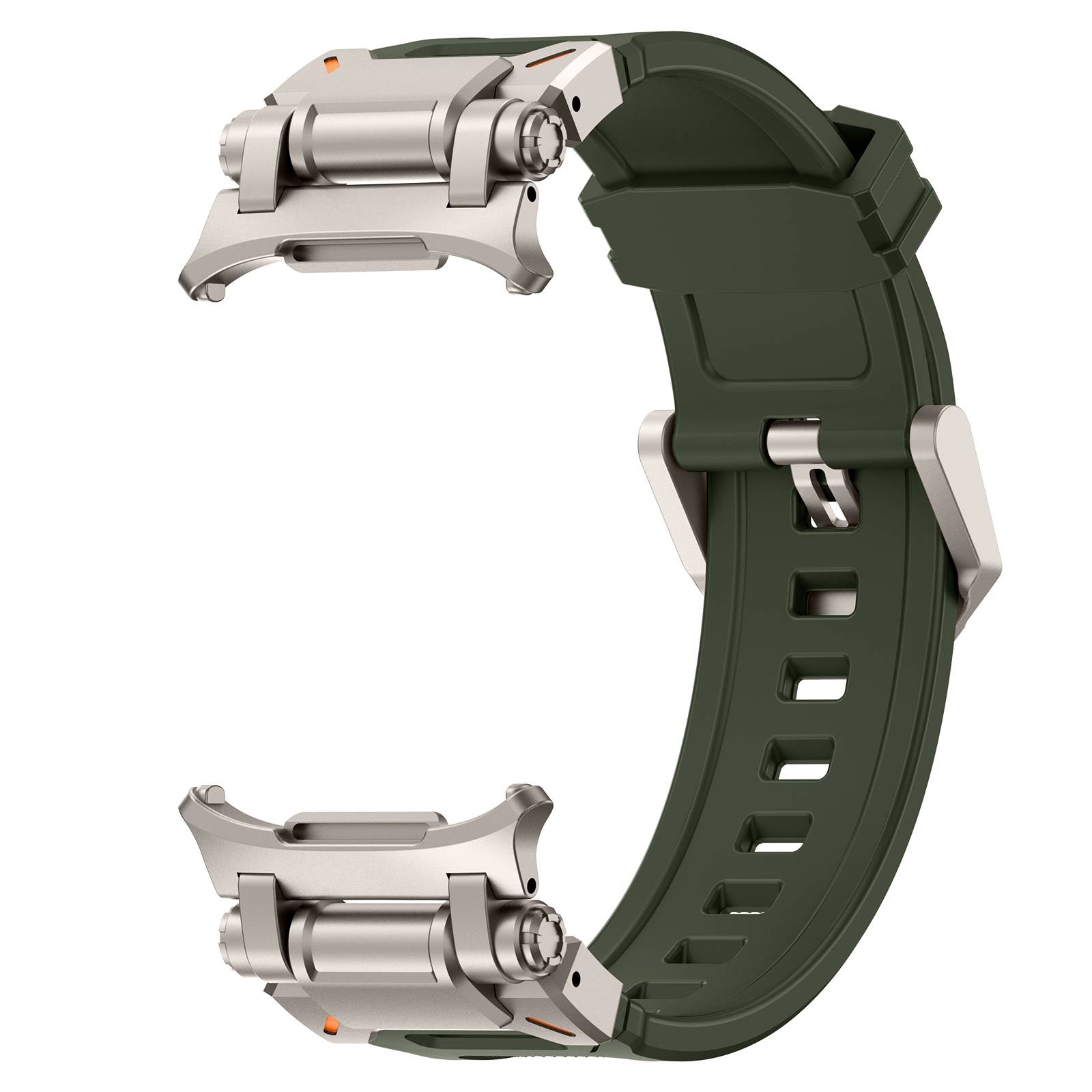 Grüner Smartwatch-Armband mit silberner Metallschließe-Hardware, isoliert auf weißem Hintergrund gezeigt.