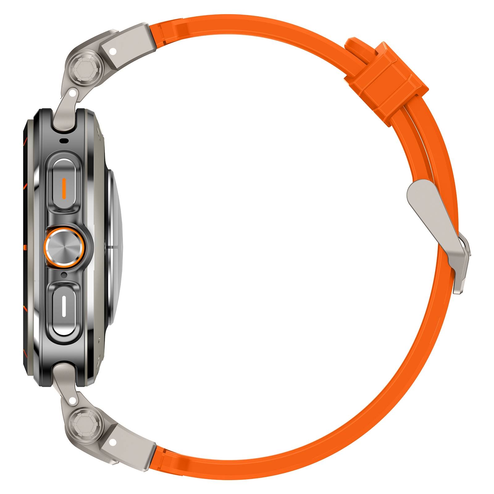 Seitenansicht einer schwarzen Smartwatch mit orangefarbenem Band, die das Uhrengehäuse, die Seitentasten, die Krone und die Schnallenschließe zeigt.