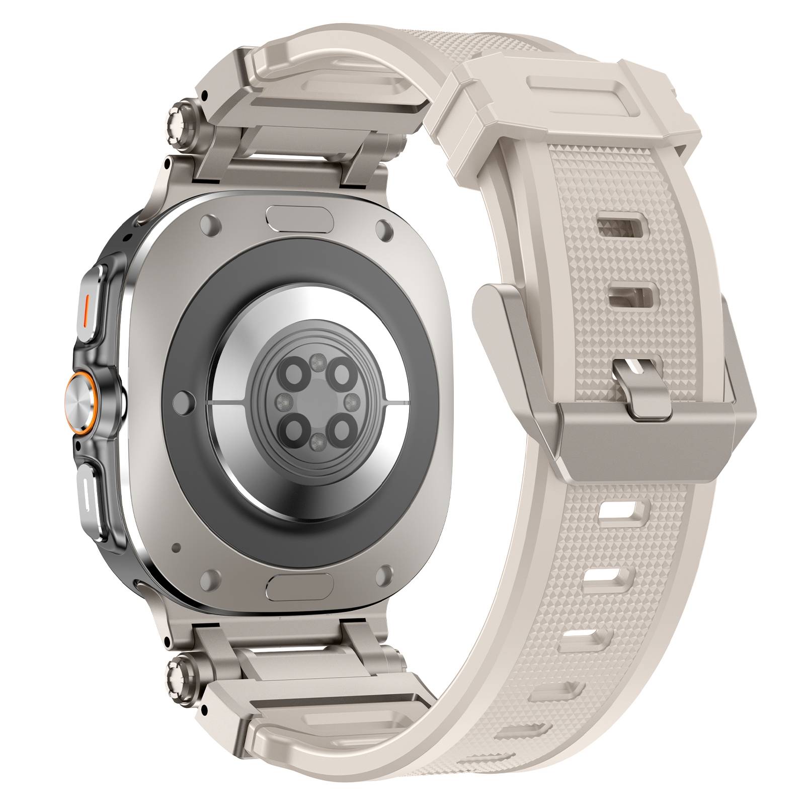 Rückansicht einer silbernen Smartwatch mit beigem Sportarmband, die das kreisförmige Sensorcluster und die Riemenschnalle zeigt.