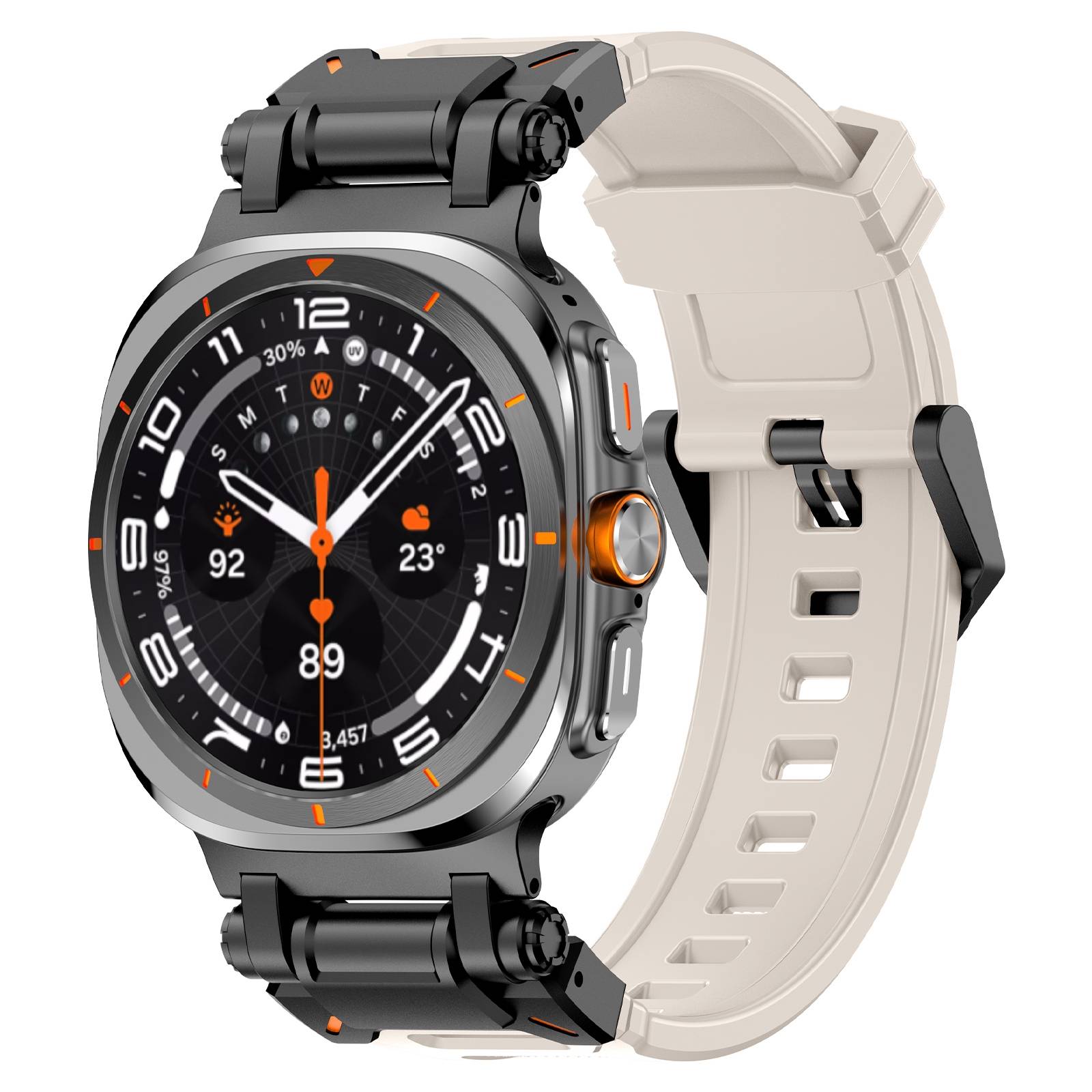 Schwarze und silberne Smartwatch mit orangefarbenen Akzenten, rundes digitales Display und beiger Armband auf weißem Hintergrund.