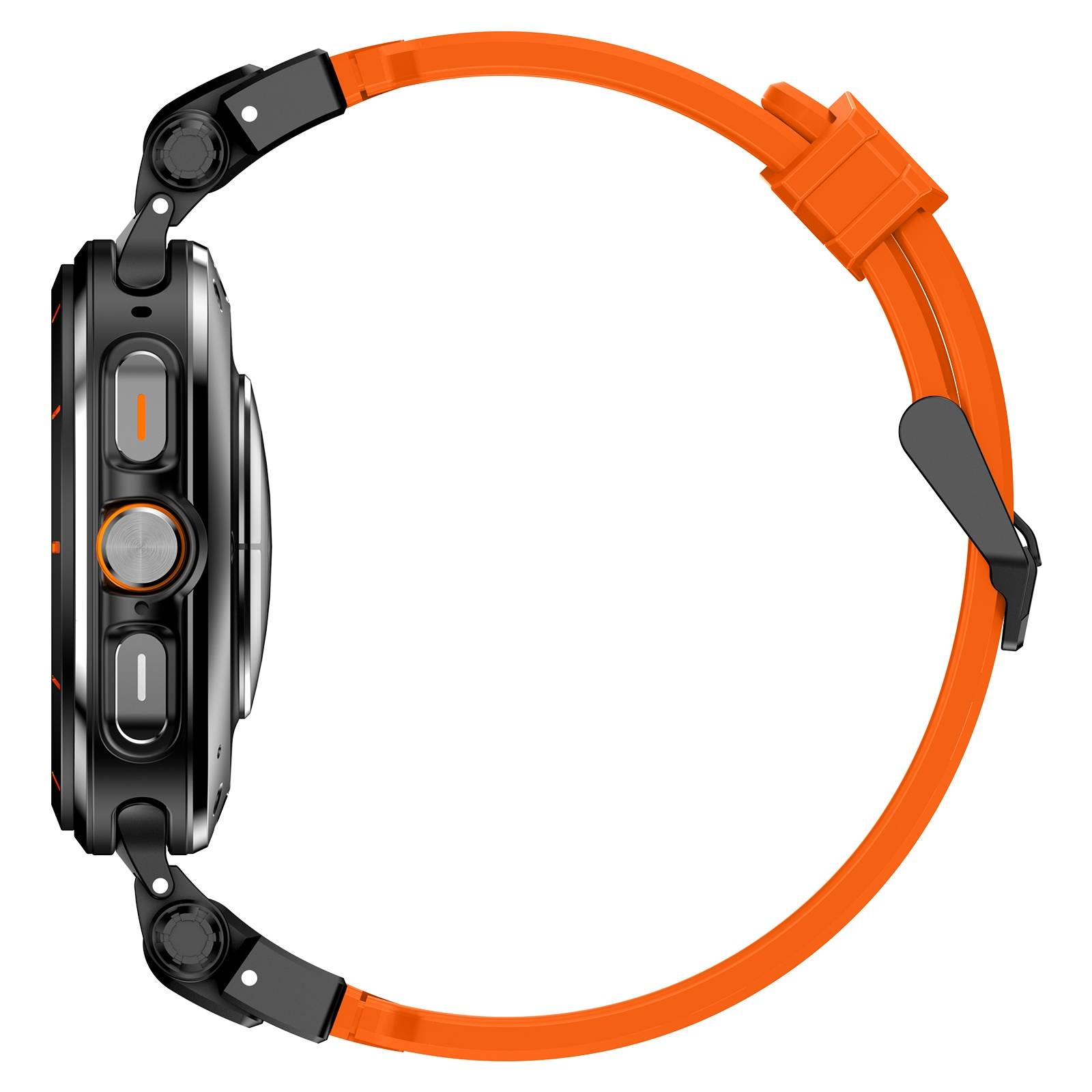 Seitenansicht einer schwarzen Smartwatch mit orangefarbenem Armband, die die Gehäusedicke und die seitlichen Tasten vor weißem Hintergrund zeigt.