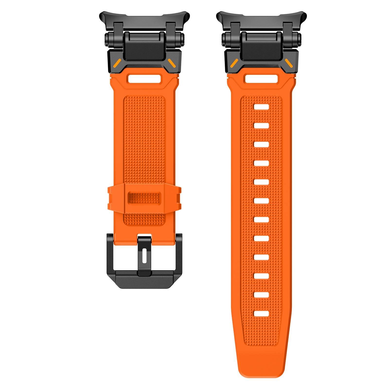 Zwei orangefarbene Smartwatch-Armbänder nebeneinander, eines mit strukturierter Rückseite und Schnalle, das andere mit einer Reihe von Verstelllöchern.