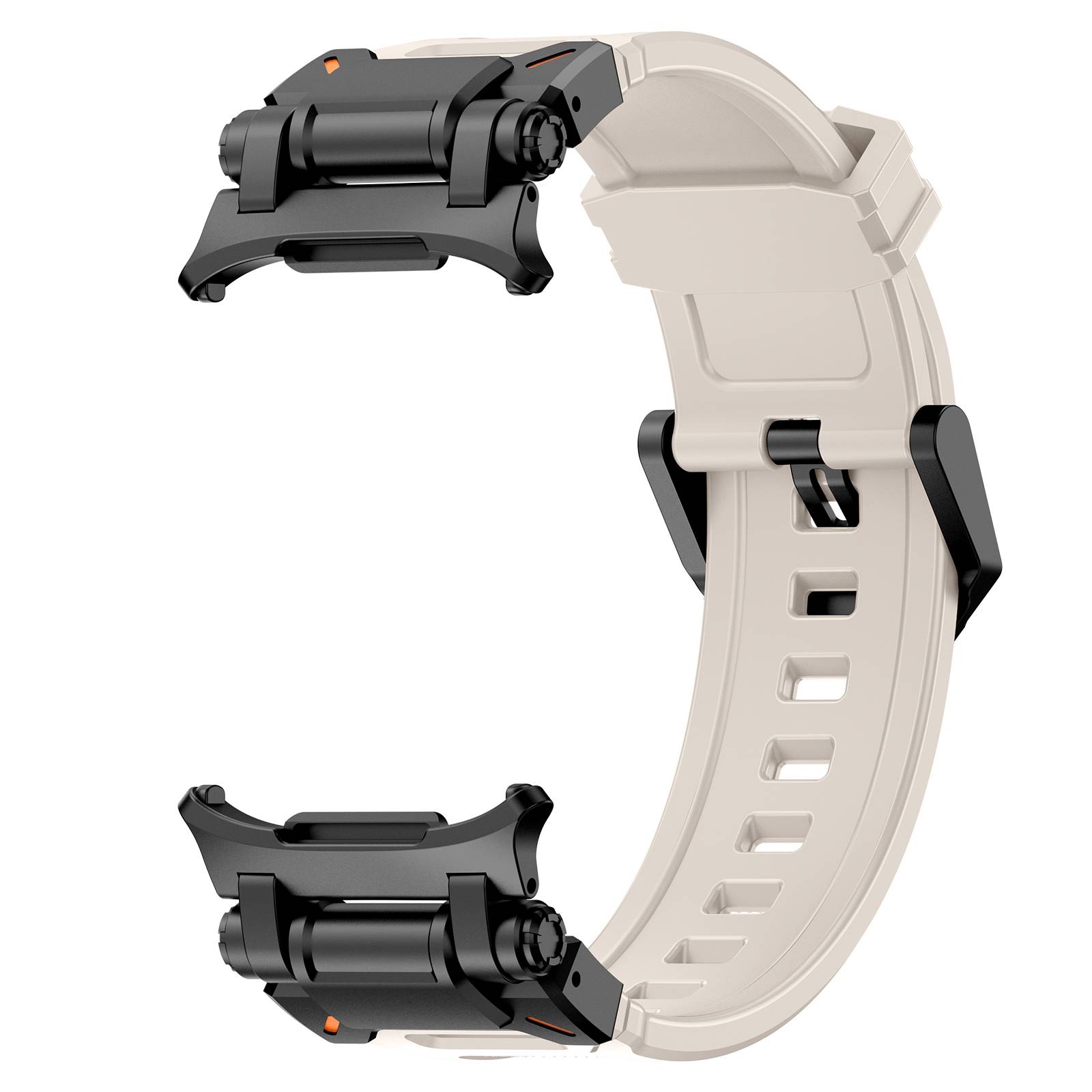 Produktfoto eines beigefarbenen Smartwatch-Armbands mit schwarzer Umschlagschließe aus Metall, isoliert auf weißem Hintergrund dargestellt.