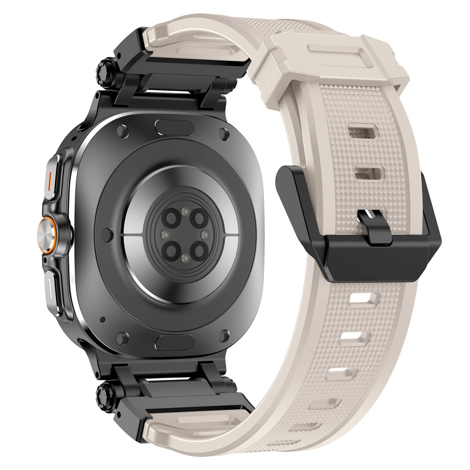 Rückansicht einer robusten schwarzen Smartwatch mit beigem Armband, die das kreisförmige Sensormodul und die seitlichen Tasten zeigt.