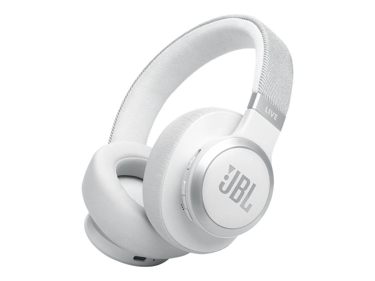 Weiße JBL-Over-Ear-Kopfhörer mit Wireless-Funktion auf hellem weißem Hintergrund, mit gepolstertem Kopfbügel und Ohrmuscheln.