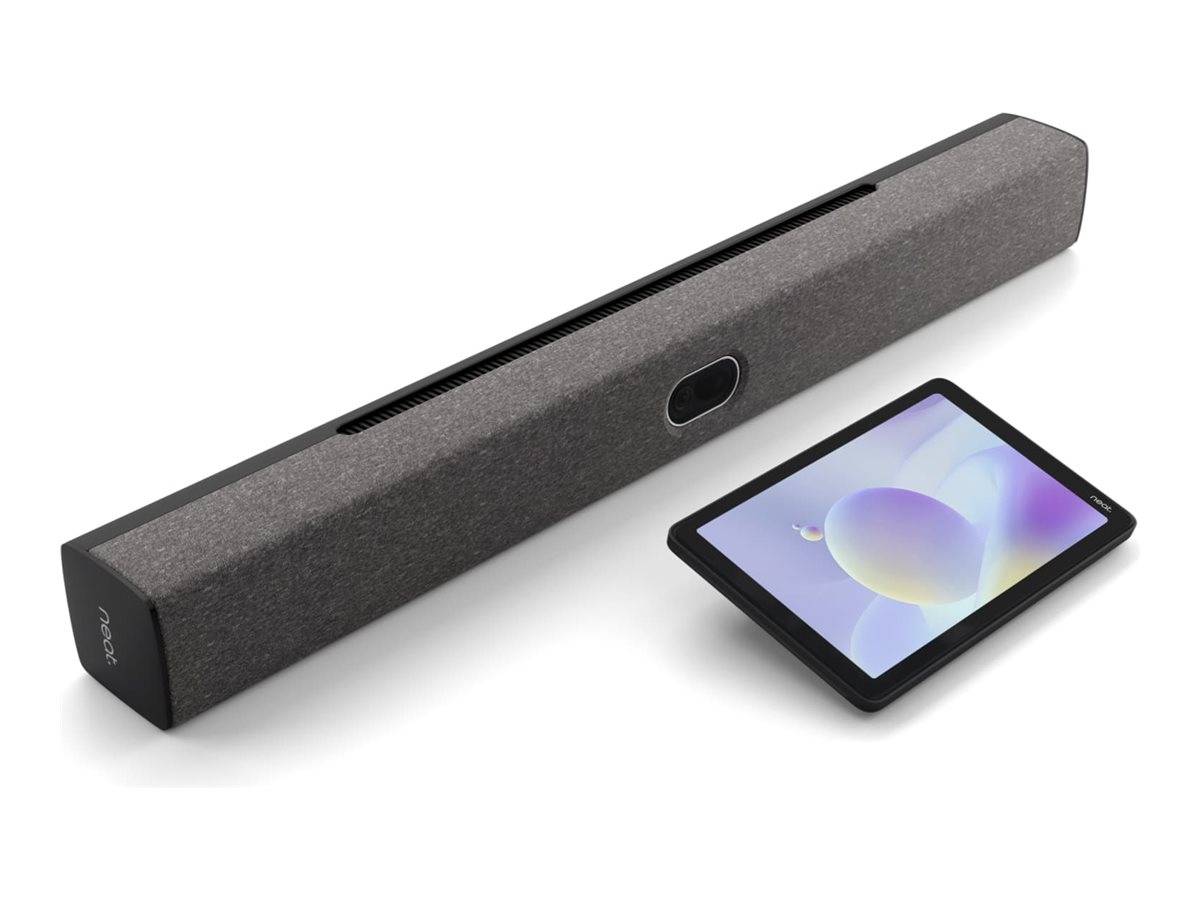 Grauer Soundbar-Lautsprecher neben einem Tablet mit pastellfarbenem abstraktem Bildschirm auf weißem Hintergrund.