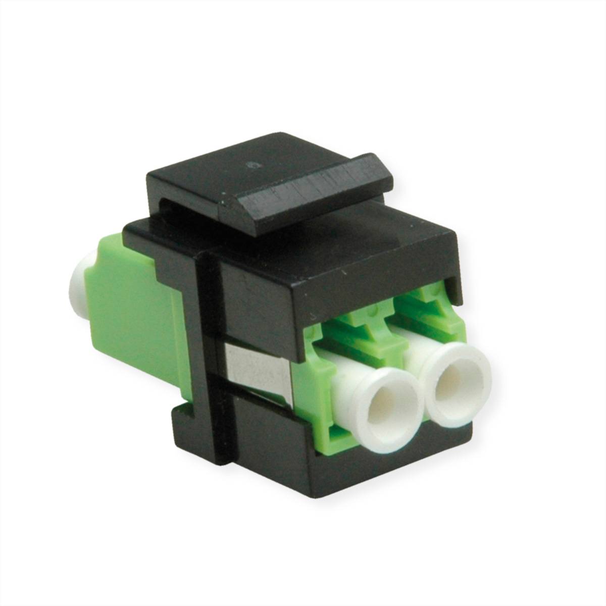 Schwarzer und grüner Glasfaseradapter mit zwei weißen Anschlüssen, isoliert auf weißem Hintergrund.