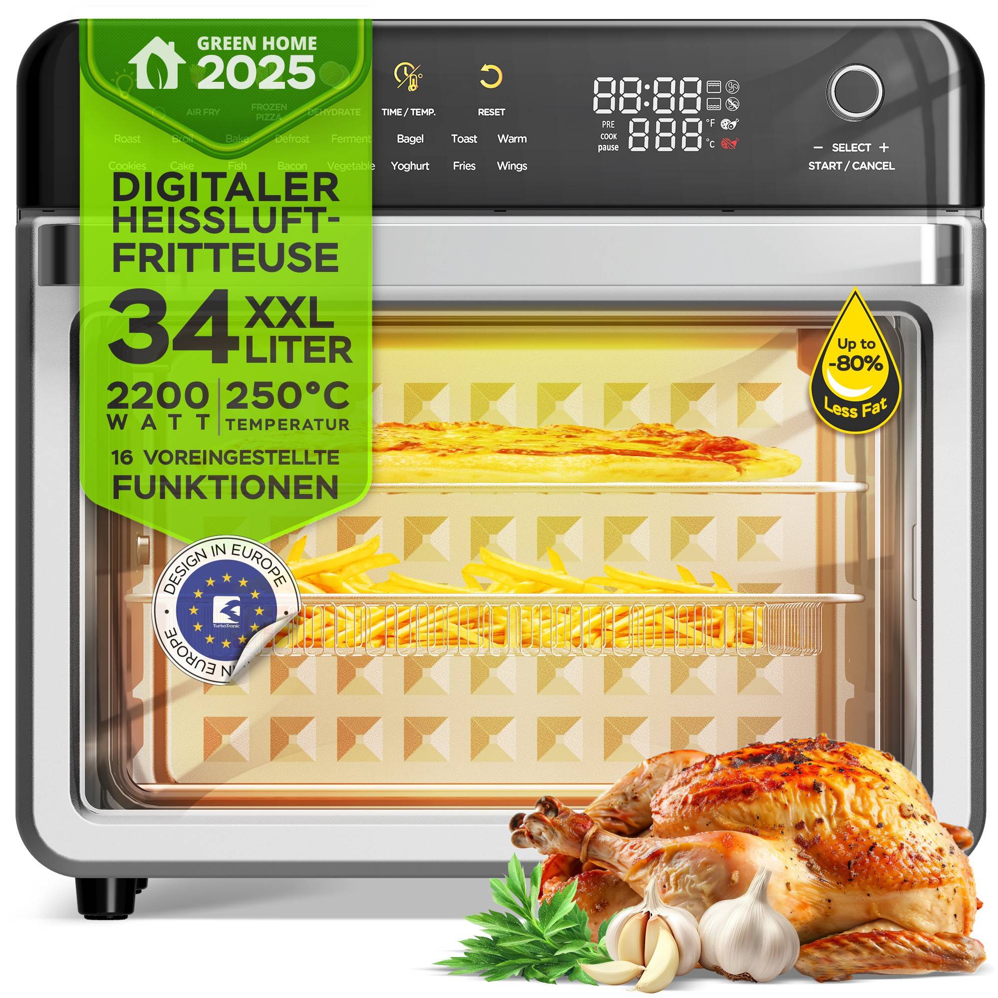 TurboTronic Multi-Smart-Ofen - 16in1 Heißluftofen & Heißluftfritteuse 2200W Power 34L bis 0,5kg Pommes Mini-Backofen mit Dörrfunktion 40-350°C Gri