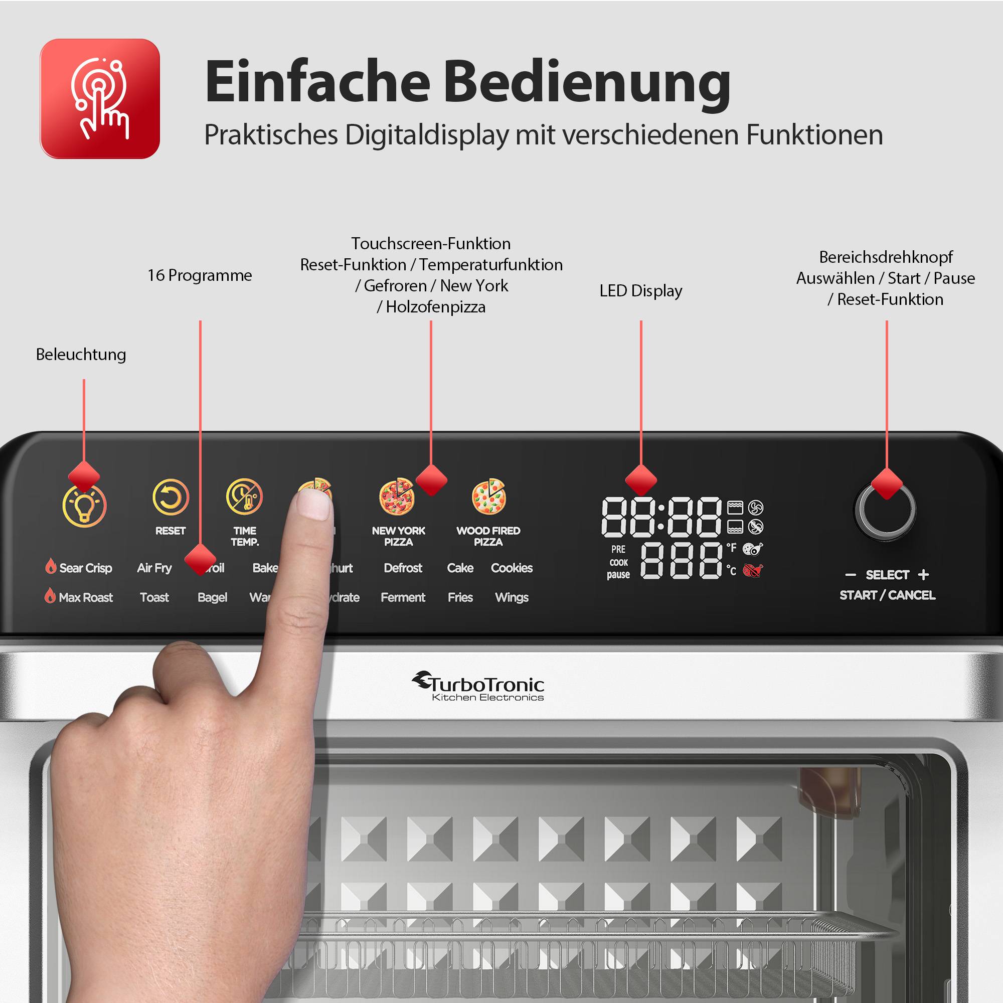 TurboTronic Multi-Smart-Ofen - 16in1 Heißluftofen & Heißluftfritteuse 2200W Power 34L bis 0,5kg Pommes Mini-Backofen mit Dörrfunktion 40-350°C Gri