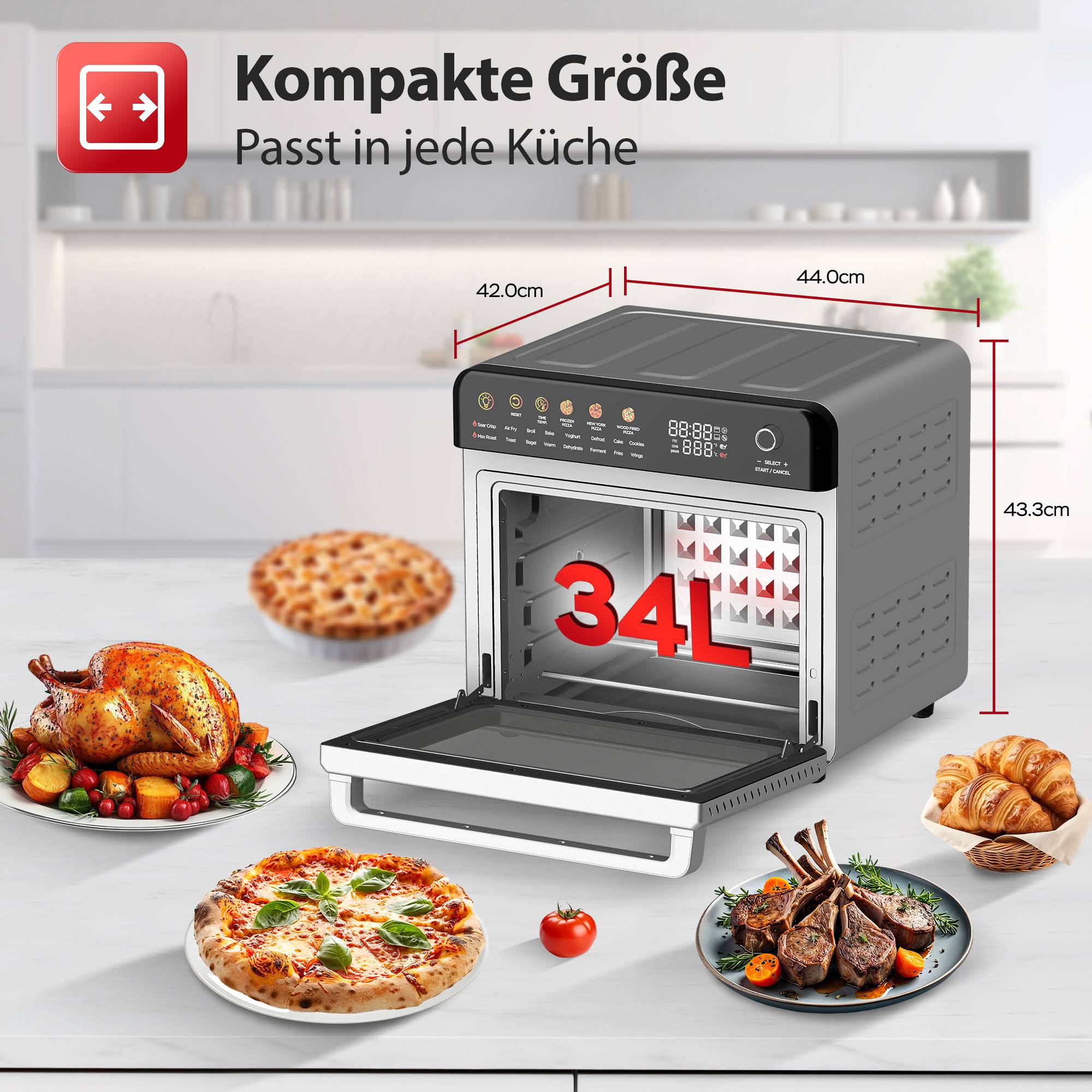TurboTronic Multi-Smart-Ofen - 16in1 Heißluftofen & Heißluftfritteuse 2200W Power 34L bis 0,5kg Pommes Mini-Backofen mit Dörrfunktion 40-350°C Gri