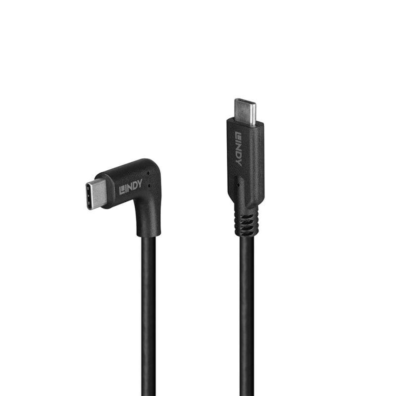Zwei schwarze USB-C-Kabel mit LINDY-Branding, eines mit Winkelstecker-Design, beide geeignet zum Laden und zur Datenübertragung.