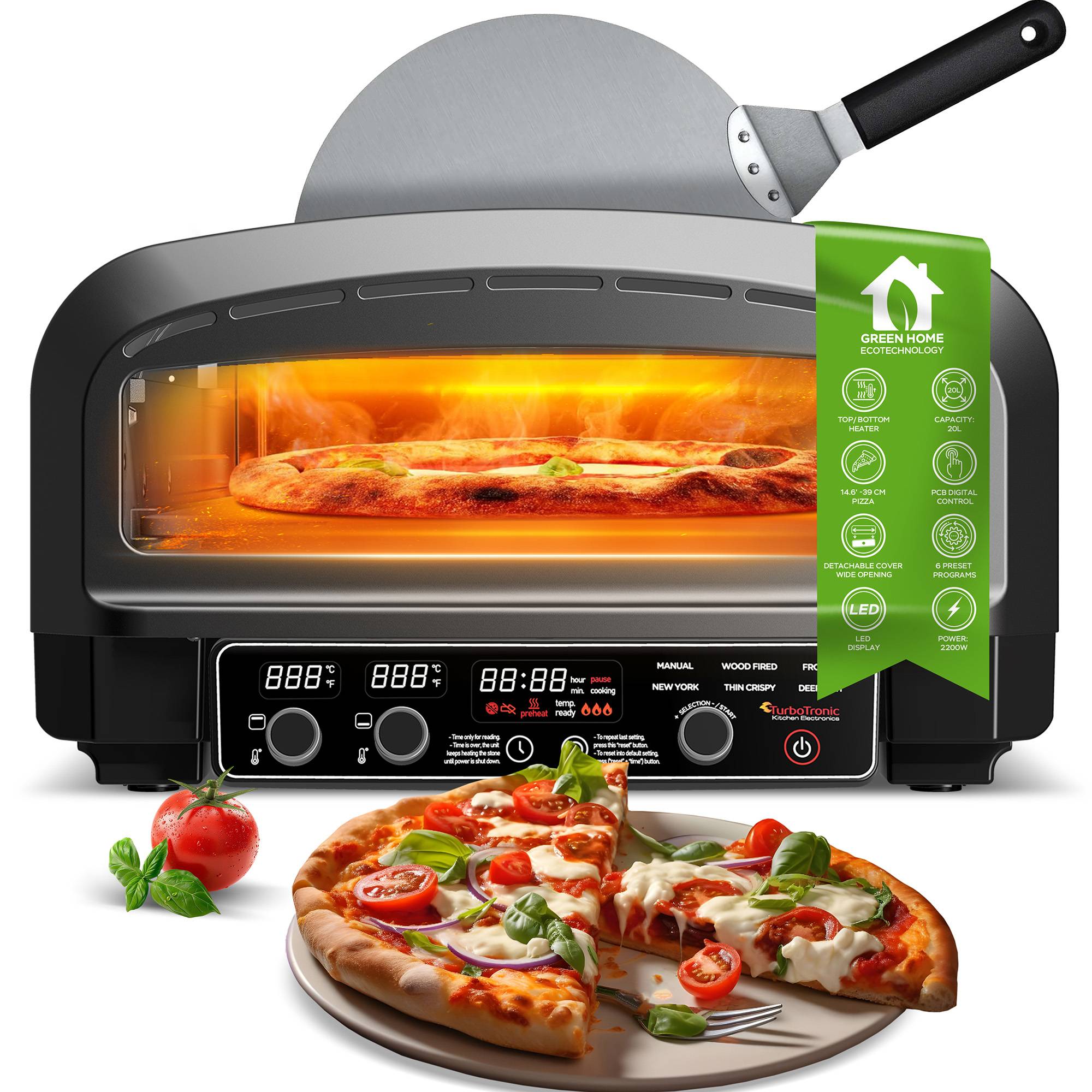 Pizzaofen bis 450°C für 37cm (14,6") große Pizza New York mit Pizzastein Indoor / Outdoor Elektrisch 2200W Garten für Zuhause Pizza kleine Back Of