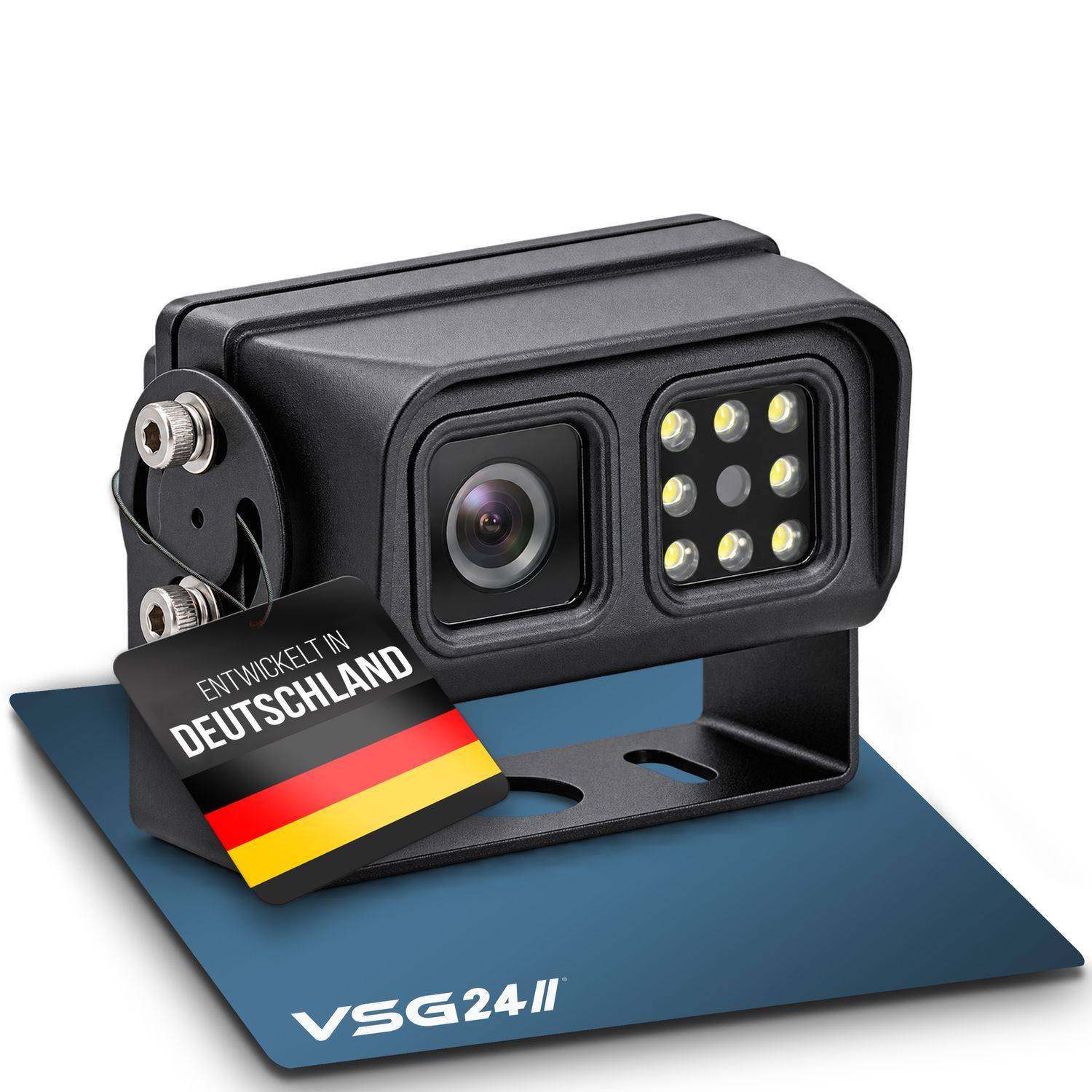 Schwarze VSG24II-Dashcam mit Objektiv und LED-Leuchtenfeld auf blauem Sockel, gekennzeichnet mit 'ENTWICKELT IN DEUTSCHLAND' und einer deutschen Flaggenkarte.