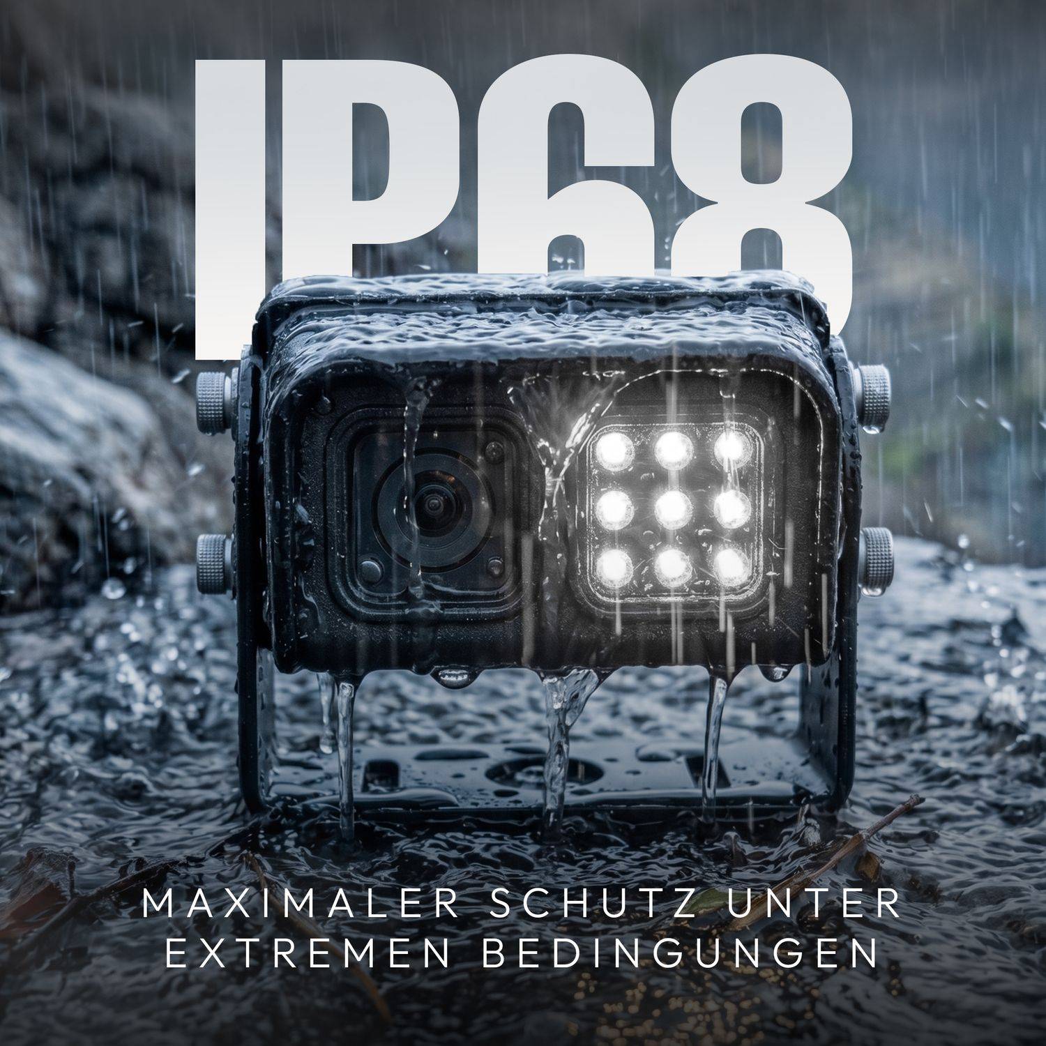 Wasserdichte Kameragehäuse bei starkem Regen, gekennzeichnet mit „IP68" und „Maximaler Schutz unter extremen Bedingungen"" (maximaler Schutz unter extremen Bedingungen).
