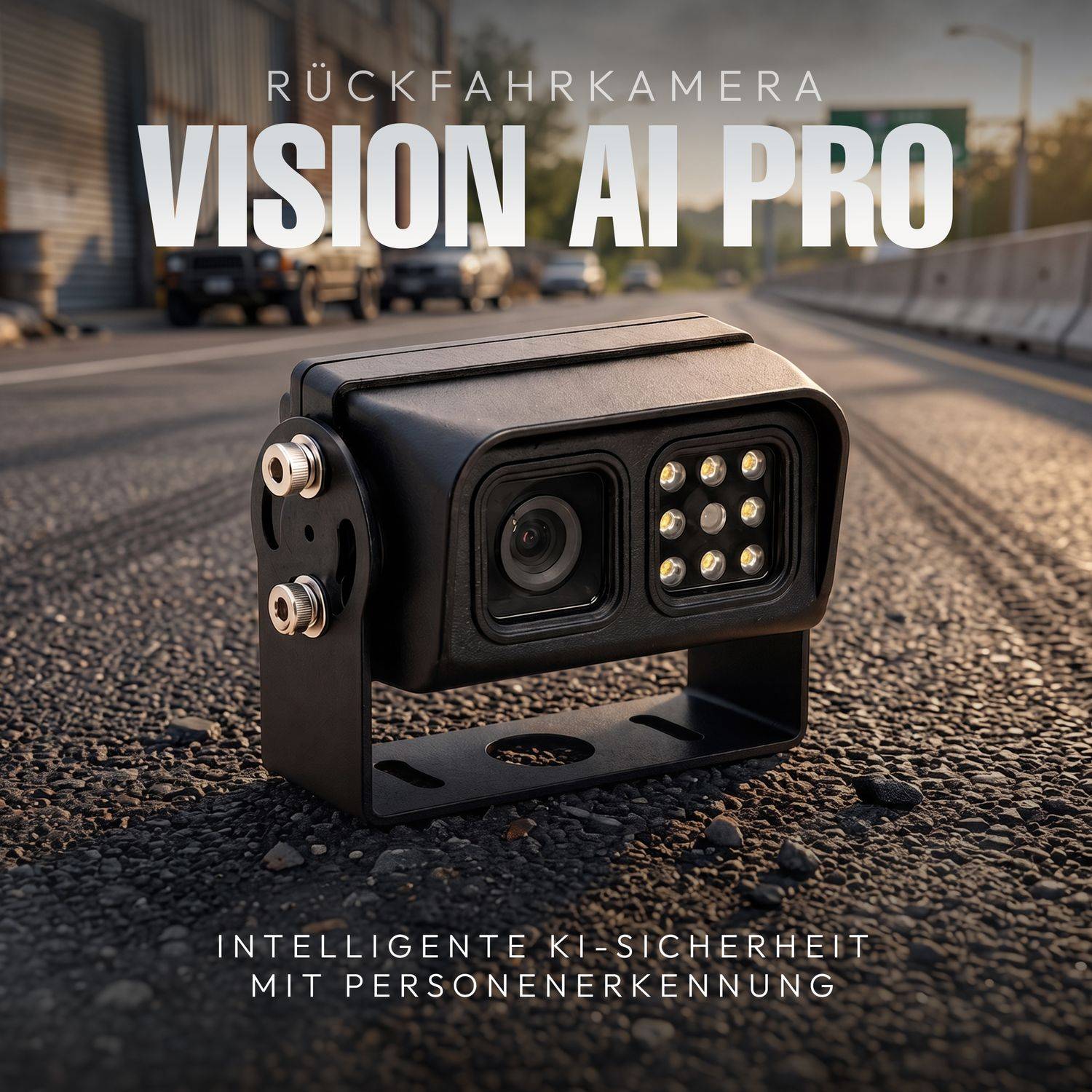 Produktpromo für "VISION AI PRO"" Rückfahrkamera, zeigt eine schwarze Kamera mit Linse und LED-Lichtern auf Pflastersteinen; deutscher Text sagt ""intelligente KI-Sicherheit mit Personenerkennung."