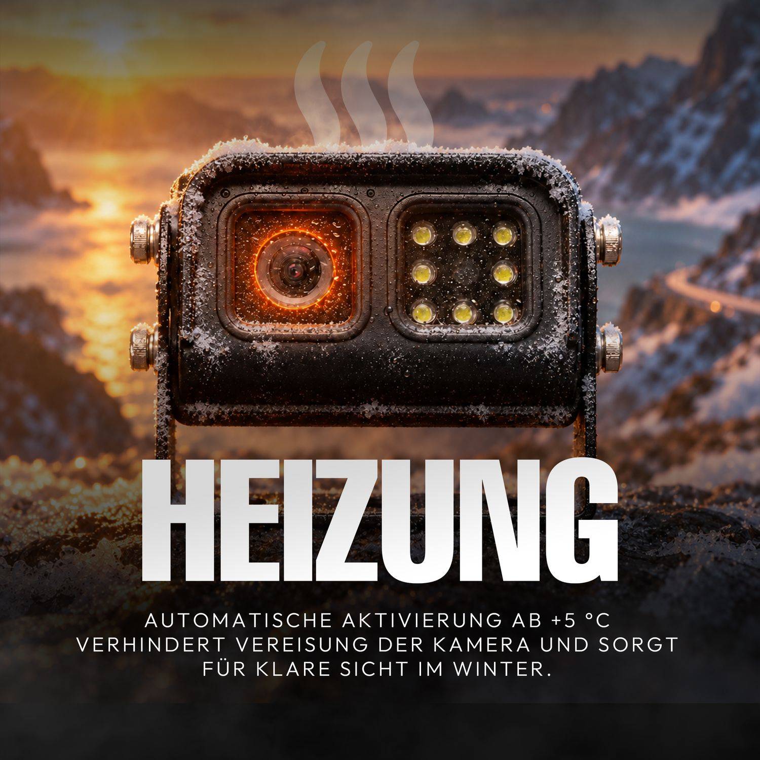 Schneebedecktes Kameragehäuse mit beheiztem Objektiv und Leuchten; deutscher Text besagt, dass die automatische Aktivierung ab +5°C das Einfrieren verhindert und die Wintersicht klar hält.
