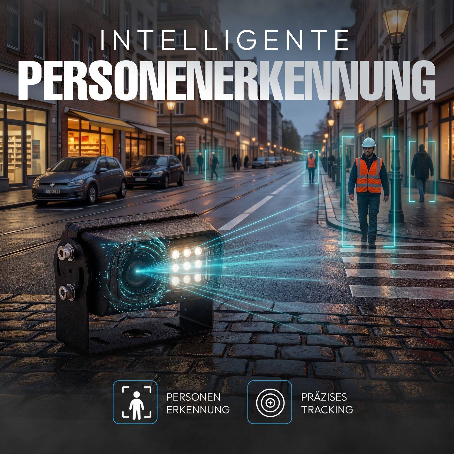 Werbebild zur intelligenten Personenerkennung: Eine Überwachungskamera erkennt Fußgänger auf einer Stadtstraße, mit dem Text „Intelligente Personenerkennung" und „Präzises Tracking"".