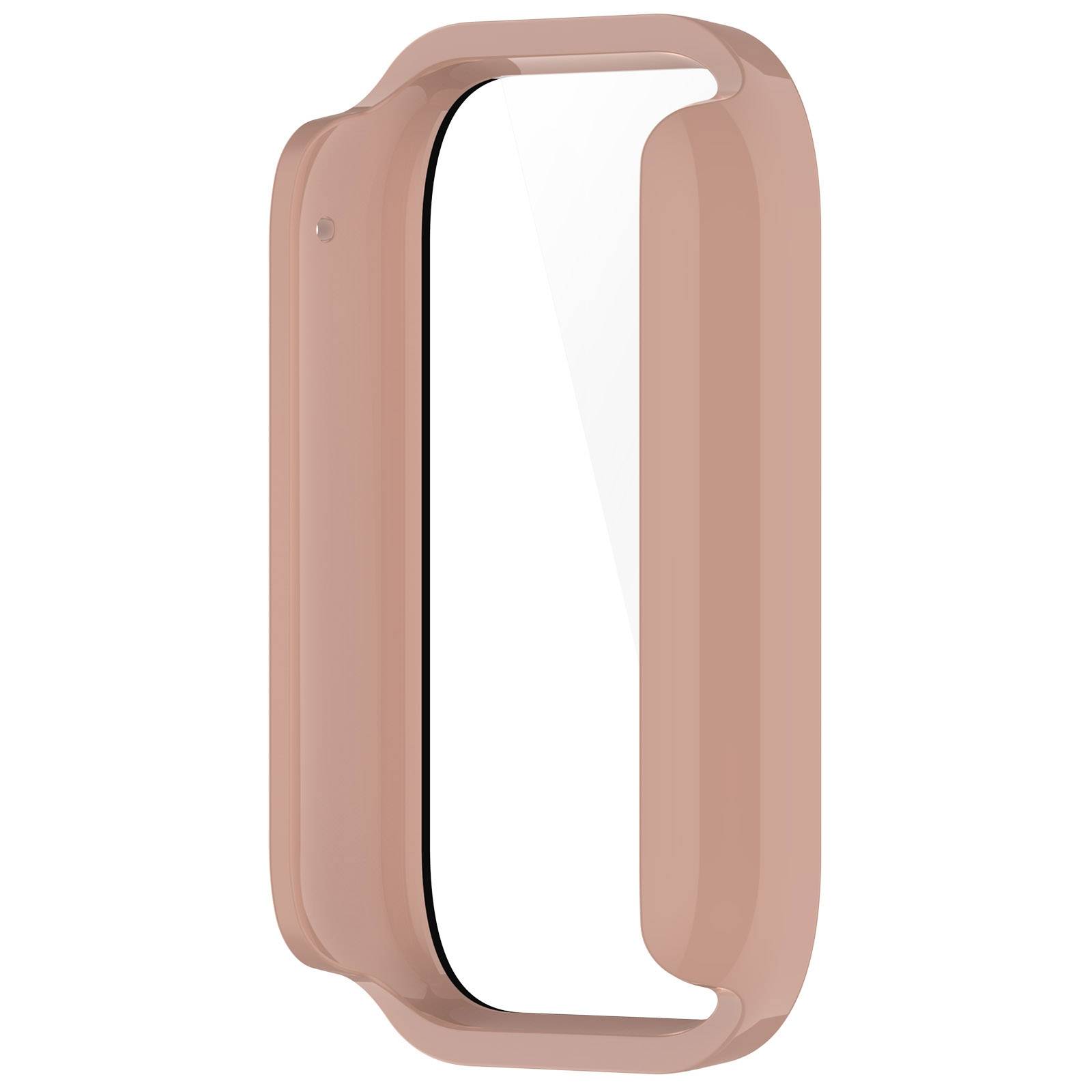 Rosa Silikon-Schutzhülle für eine rechteckige Smartwatch, isoliert auf weißem Hintergrund dargestellt.